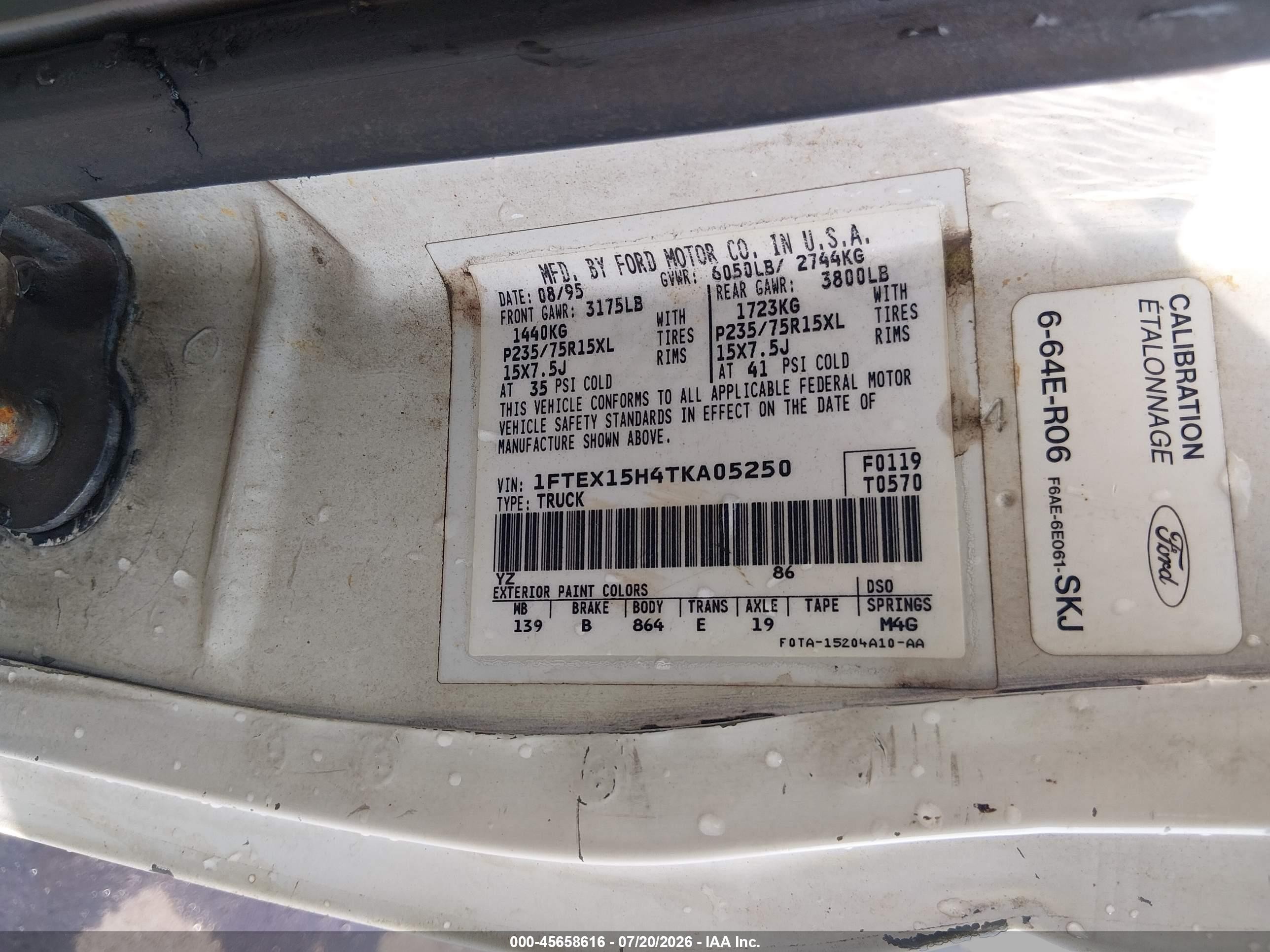 1996 Ford F150   White vin: 1FTEX15H4TKA05250