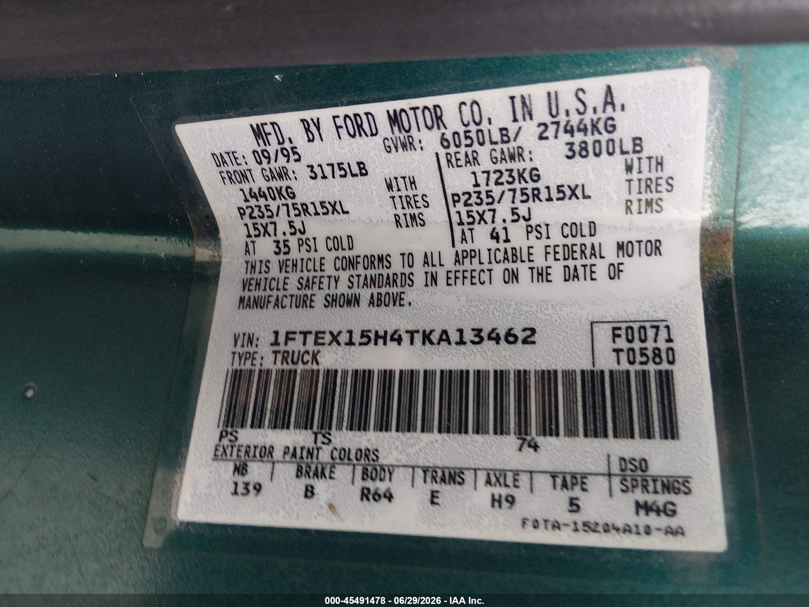 1996 Ford F150   Green vin: 1FTEX15H4TKA13462