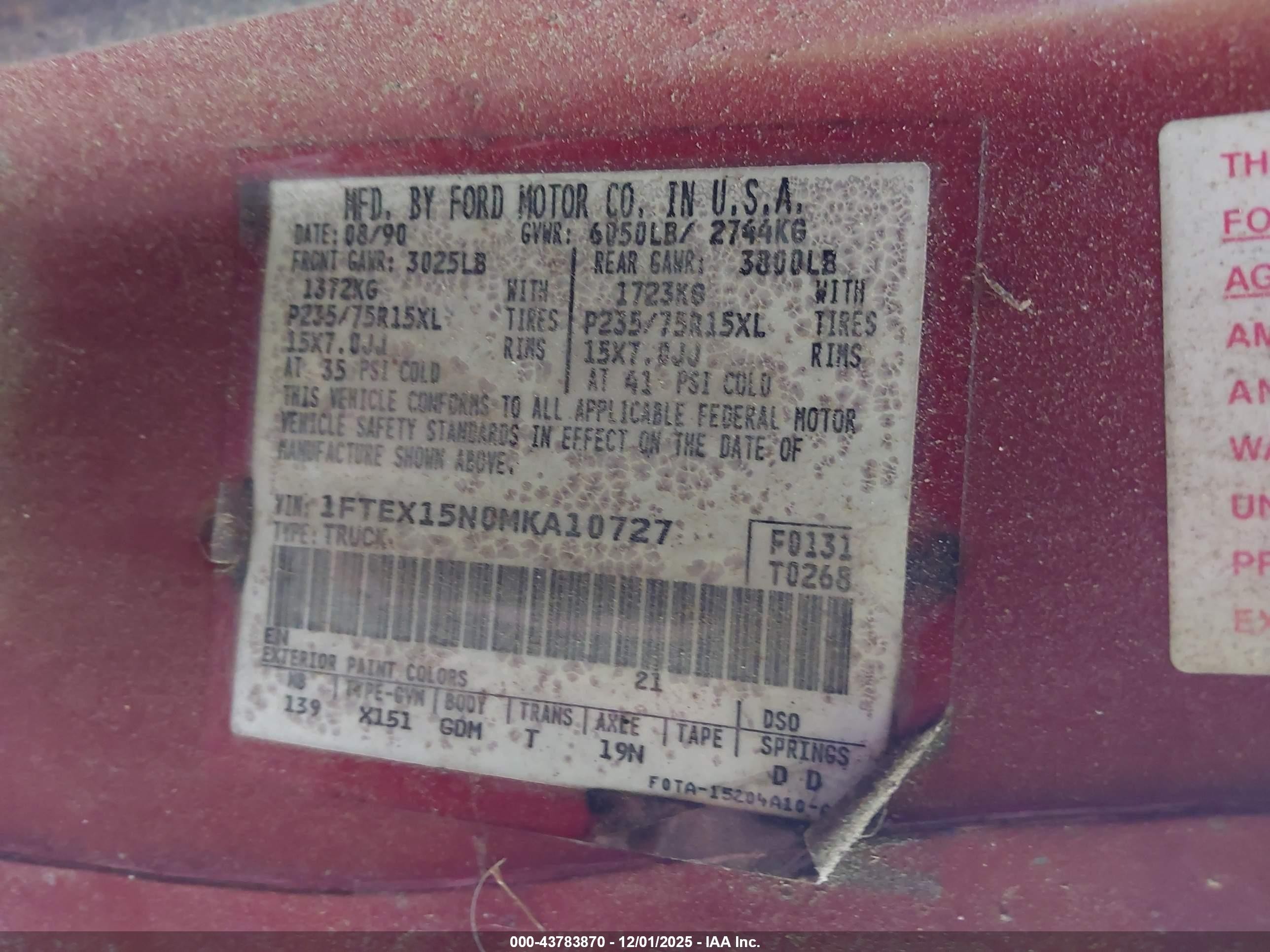 1991 Ford F150   Red vin: 1FTEX15N0MKA10727