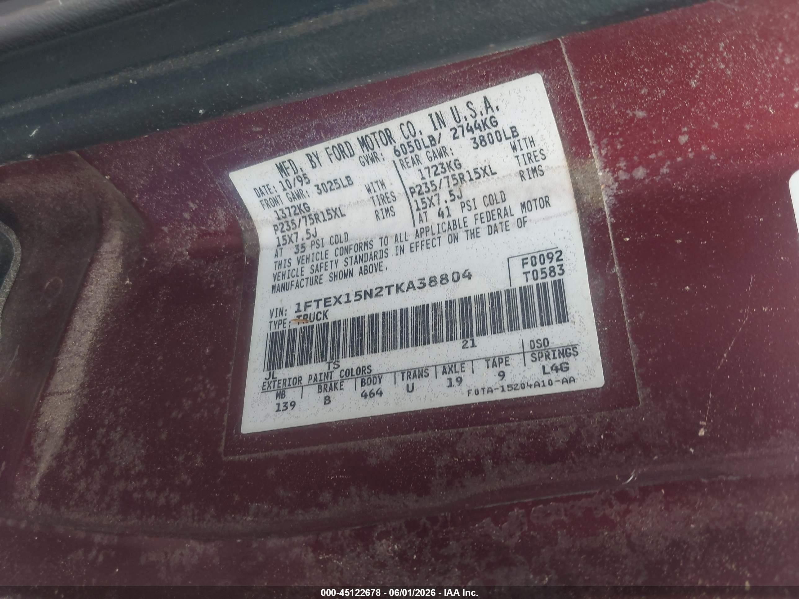 1996 Ford F150   Burgundy vin: 1FTEX15N2TKA38804