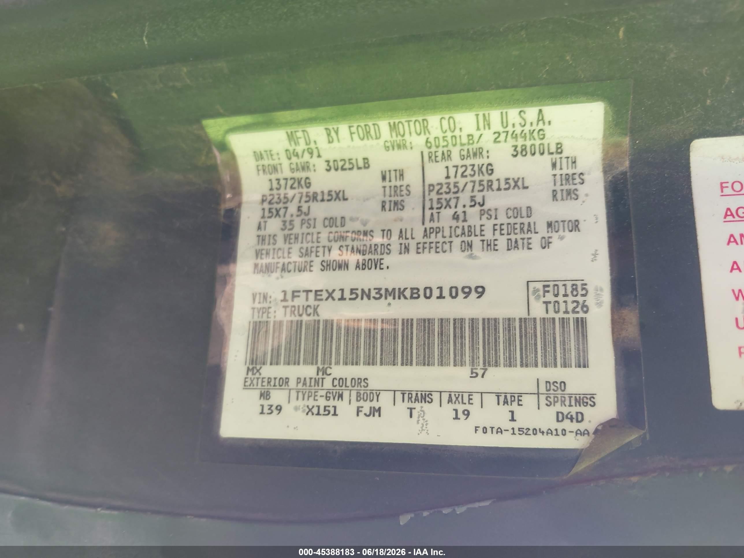 1991 Ford F150   Blue vin: 1FTEX15N3MKB01099