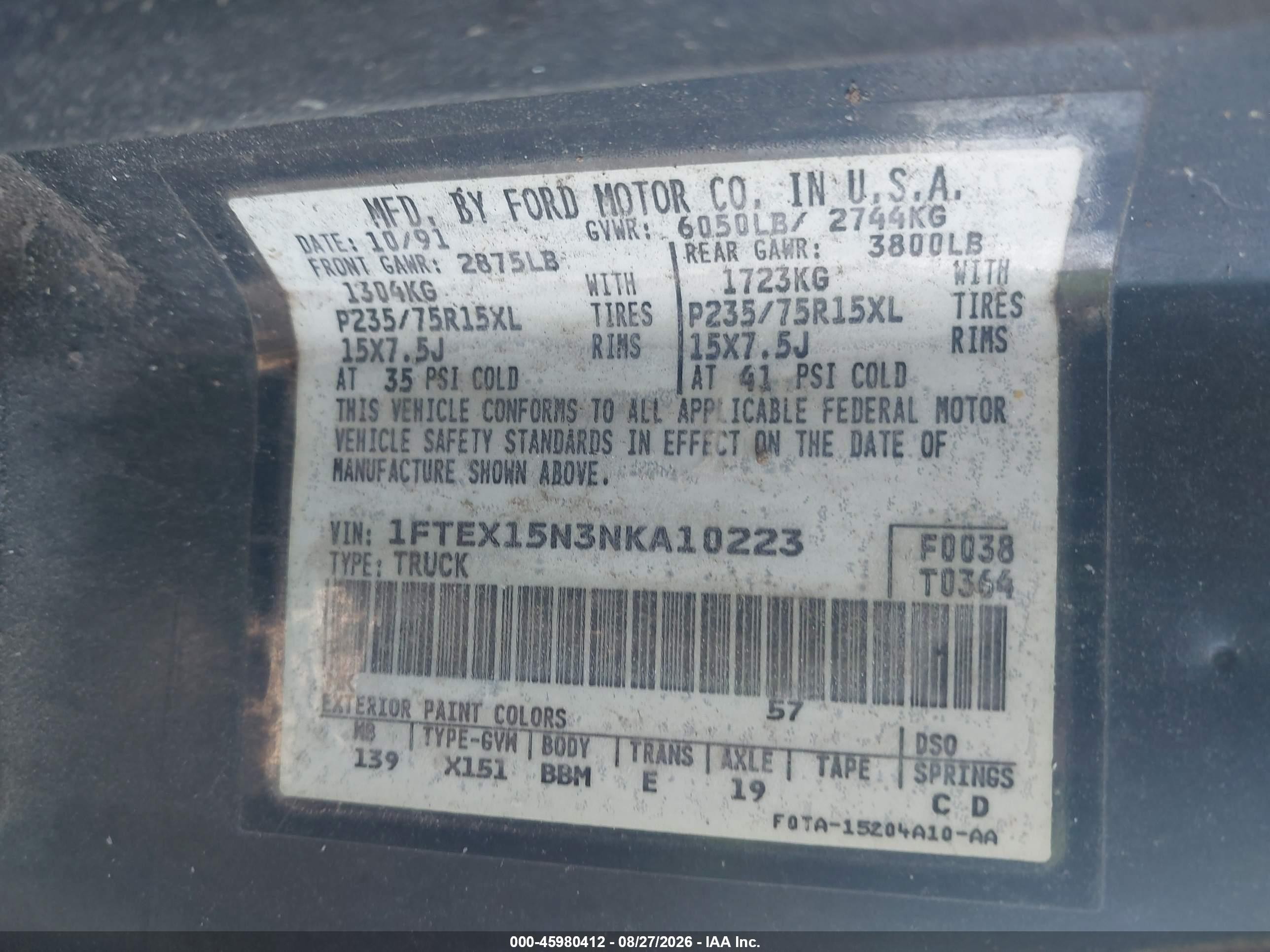 1992 Ford F150   Blue vin: 1FTEX15N3NKA10223