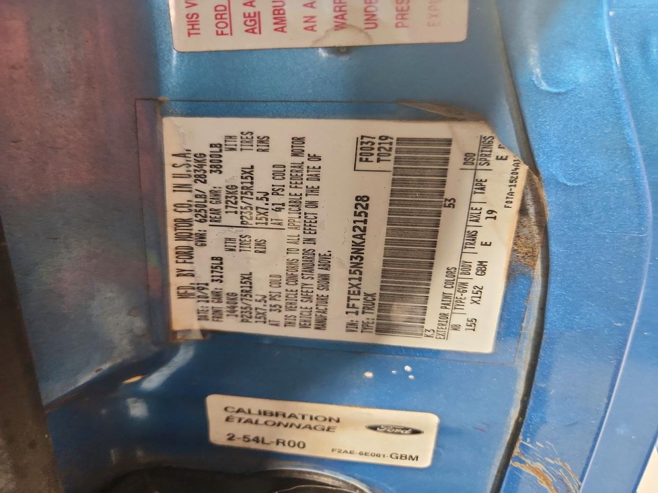 1992 Ford F150 Blue vin: 1FTEX15N3NKA21528