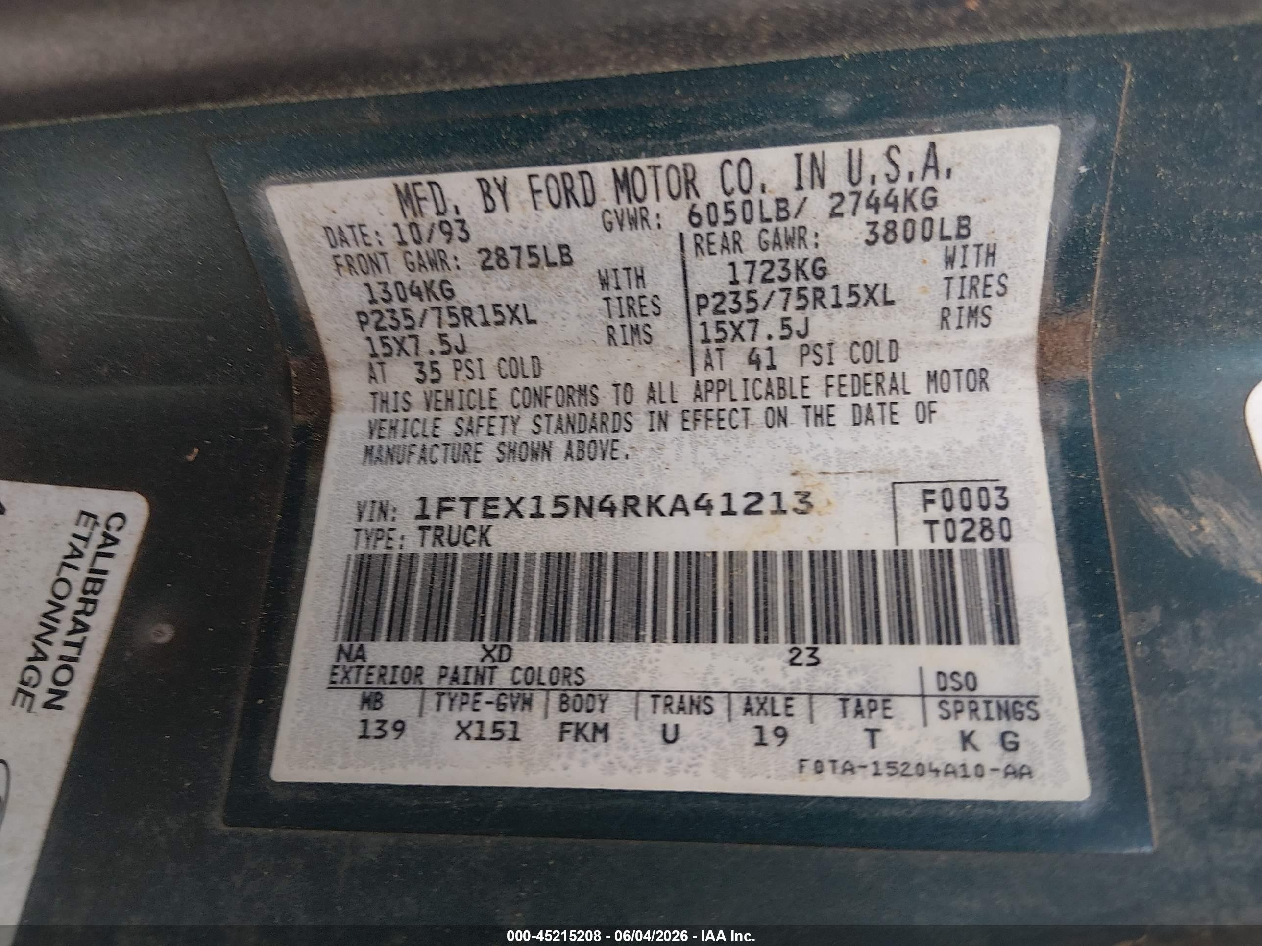 1994 Ford F150   Blue vin: 1FTEX15N4RKA41213
