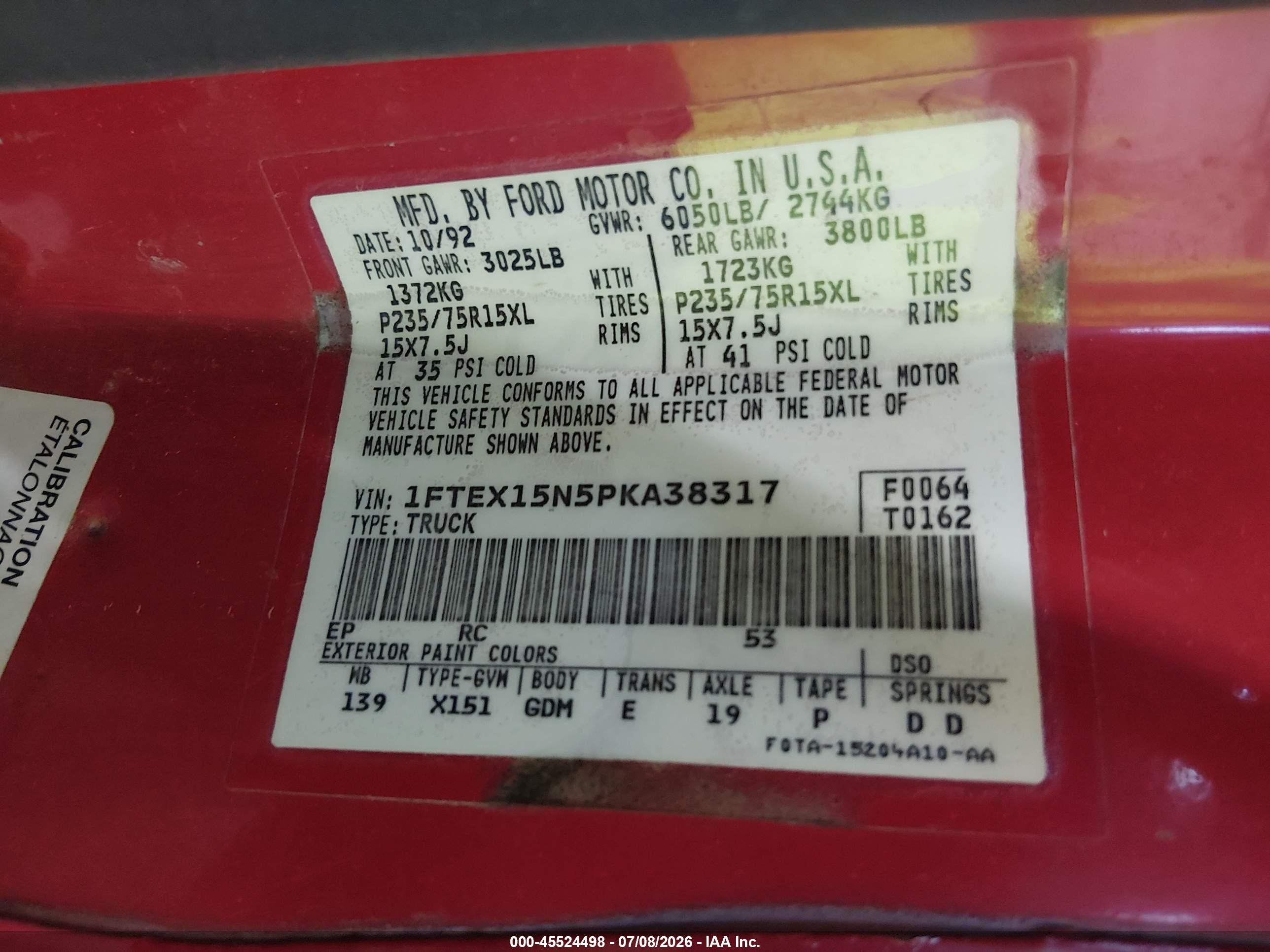 1993 Ford F150   Red vin: 1FTEX15N5PKA38317