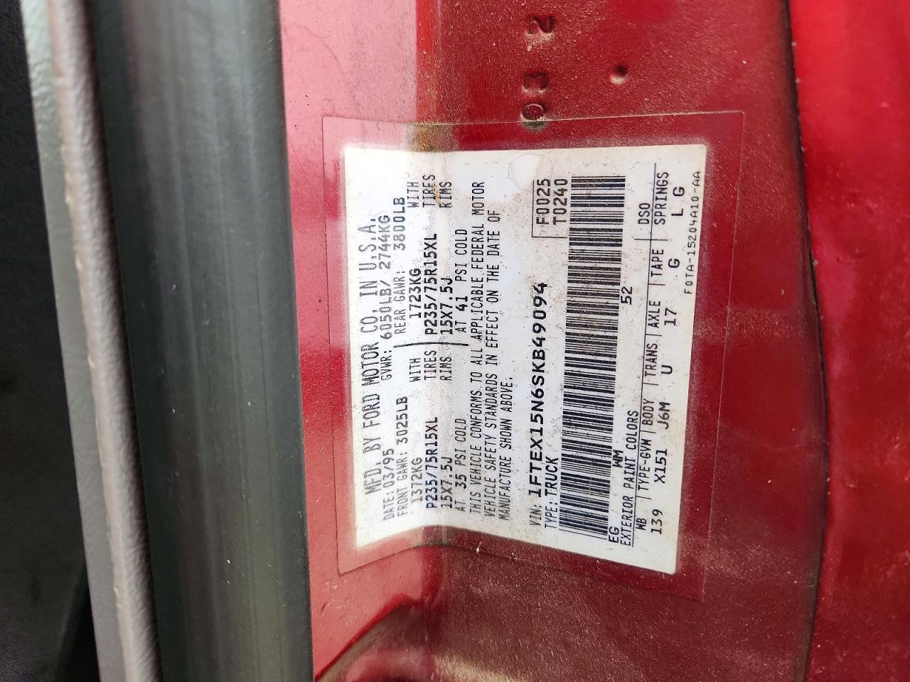 1995 Ford F150 Red vin: 1FTEX15N6SKB49094