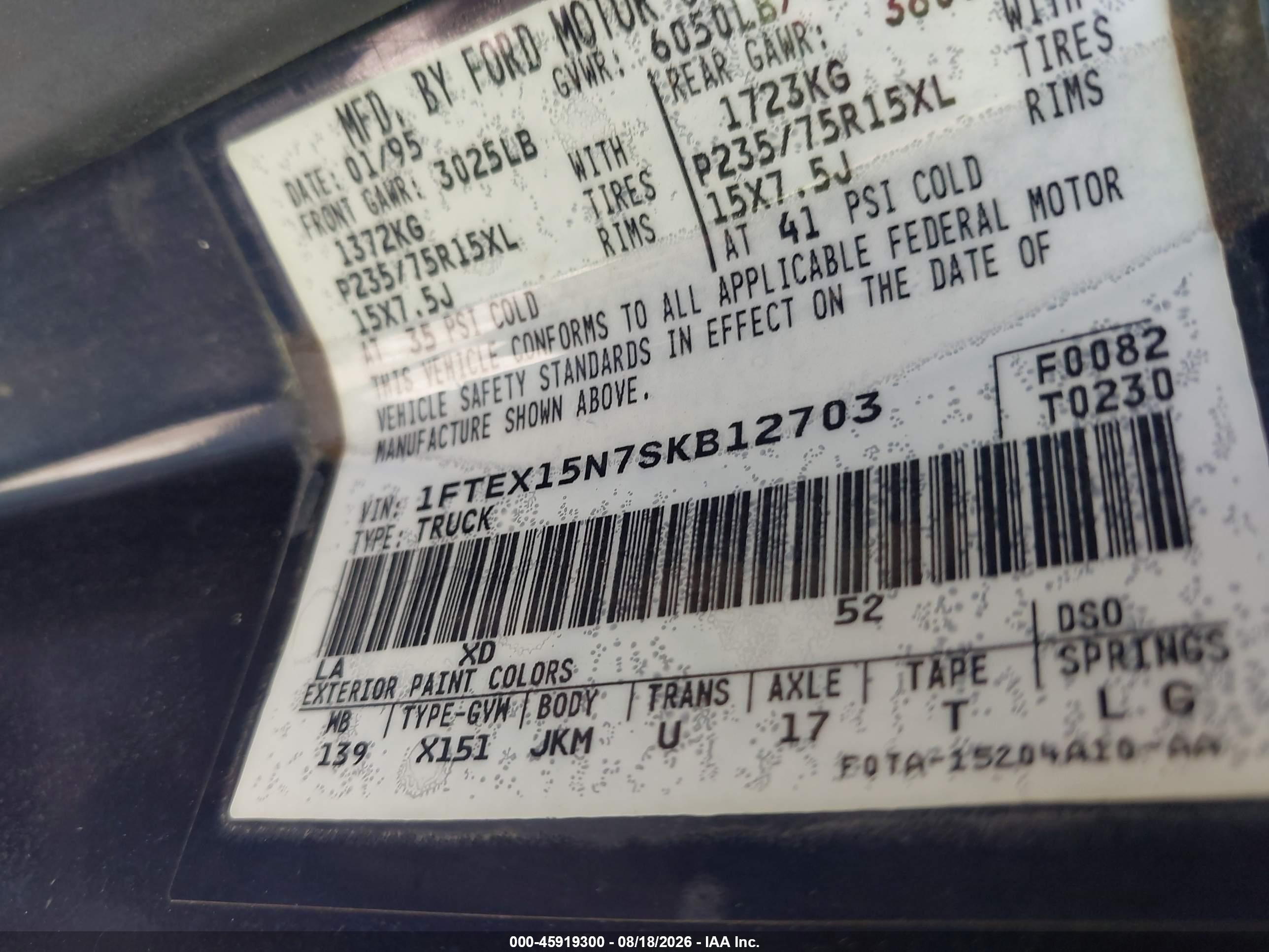 1995 Ford F150 Blue vin: 1FTEX15N7SKB12703