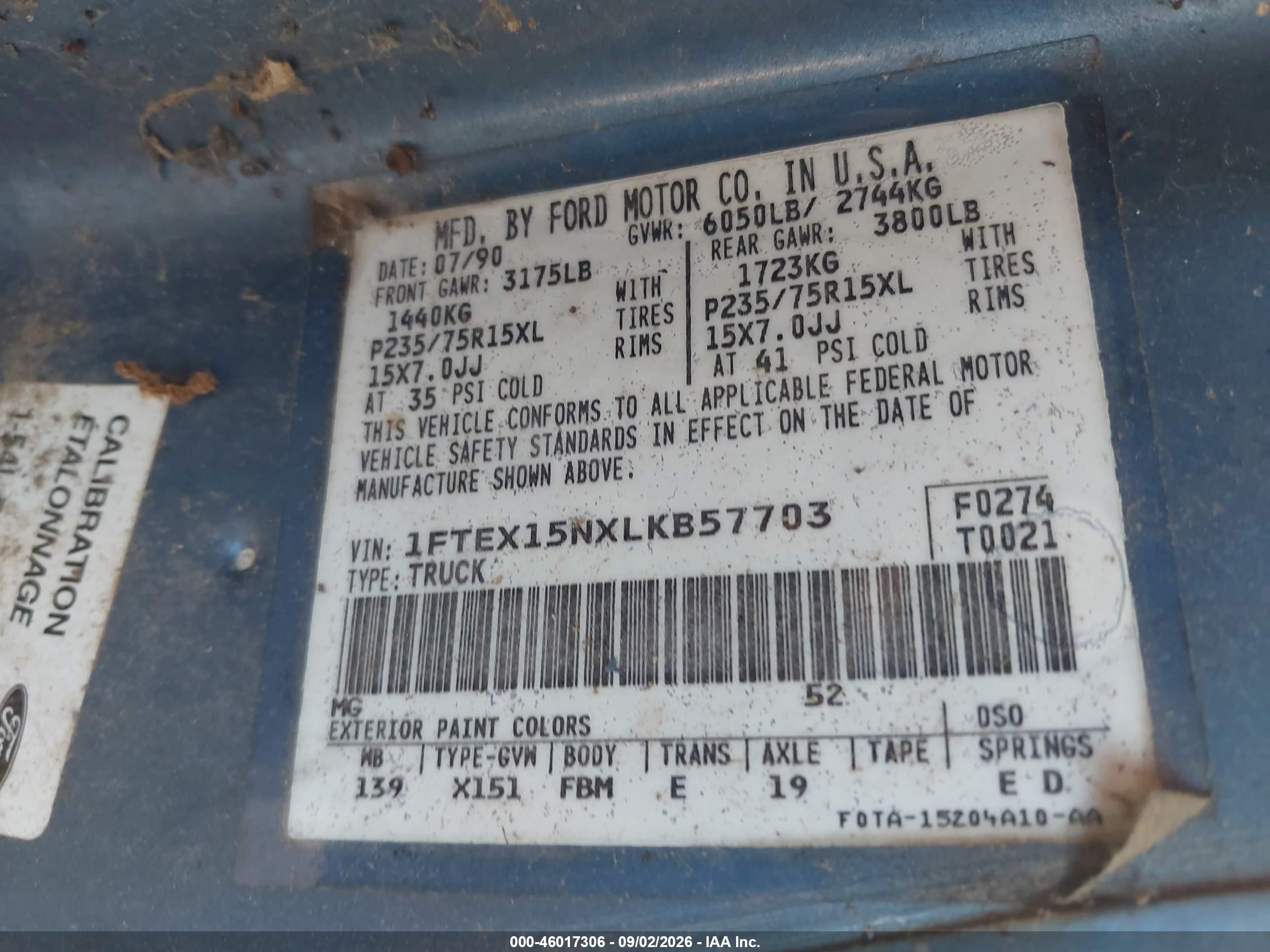 1990 Ford F150   Blue vin: 1FTEX15NXLKB57703