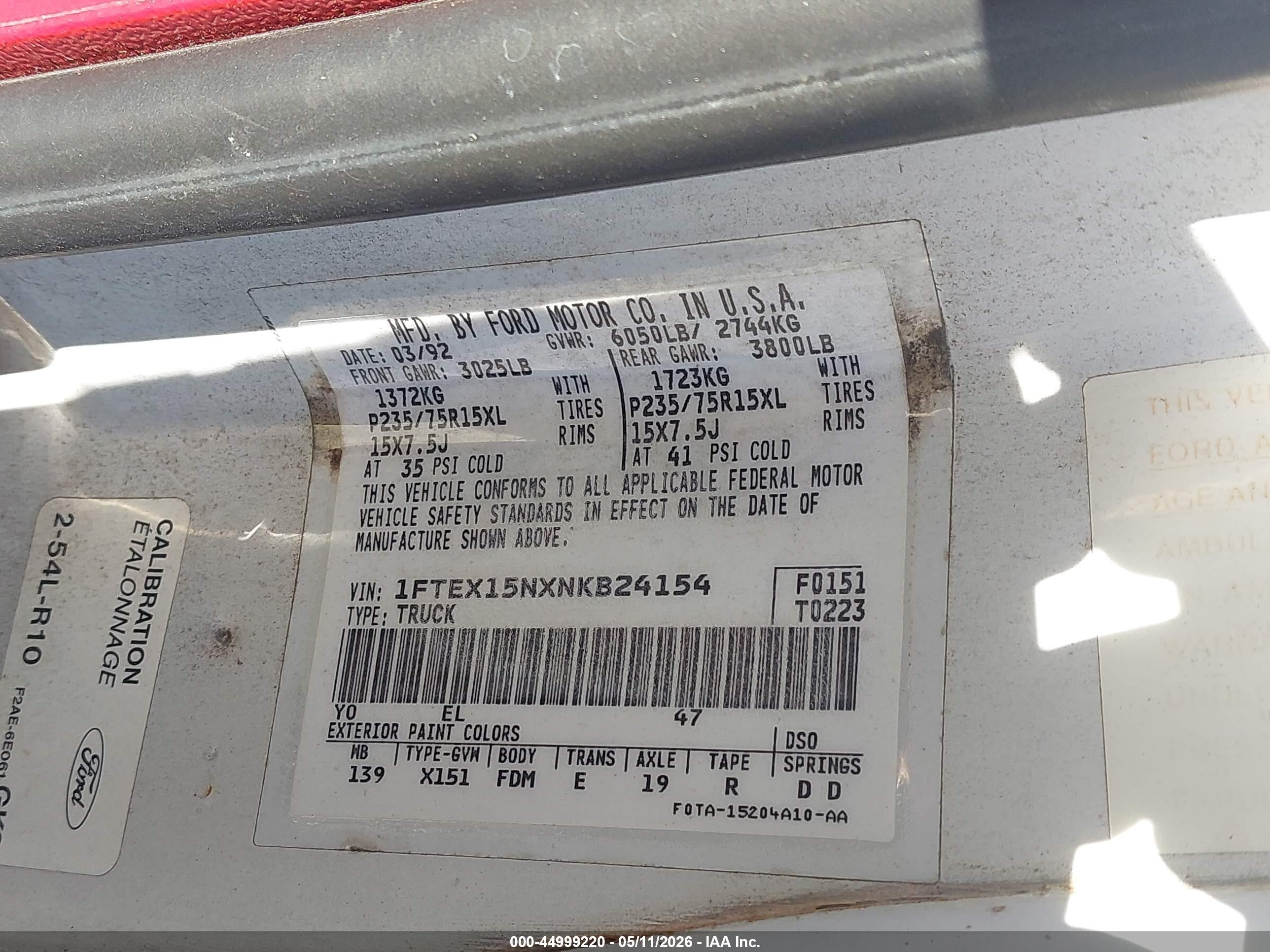 1992 Ford F150   White vin: 1FTEX15NXNKB24154