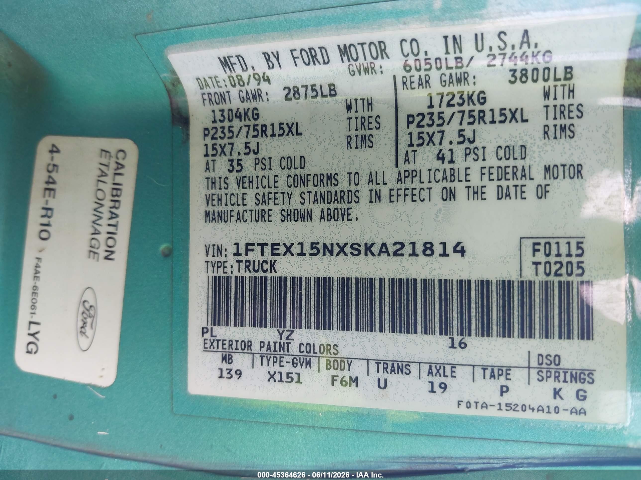 1995 Ford F150 Light Blue vin: 1FTEX15NXSKA21814