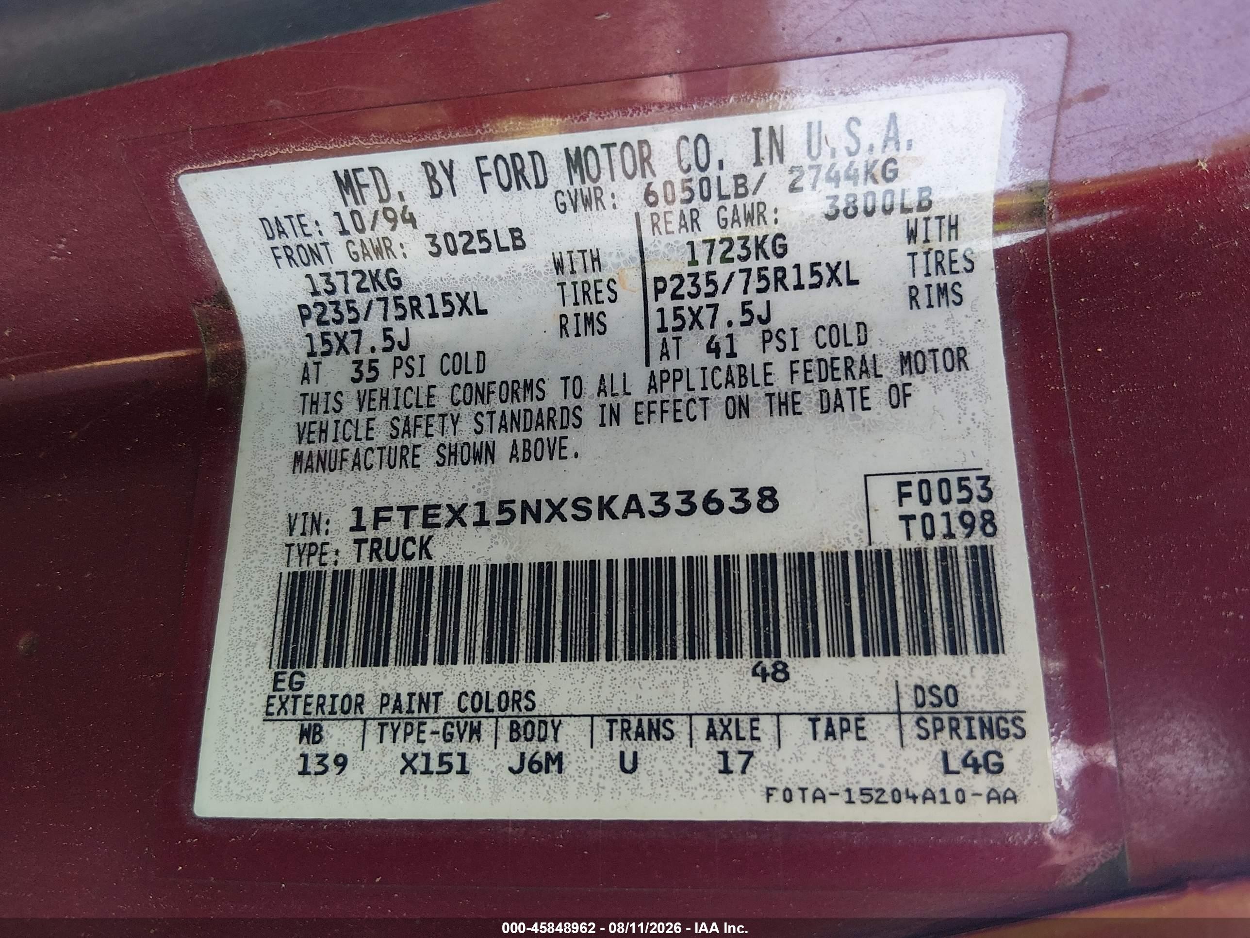 1995 Ford F150   Red vin: 1FTEX15NXSKA33638