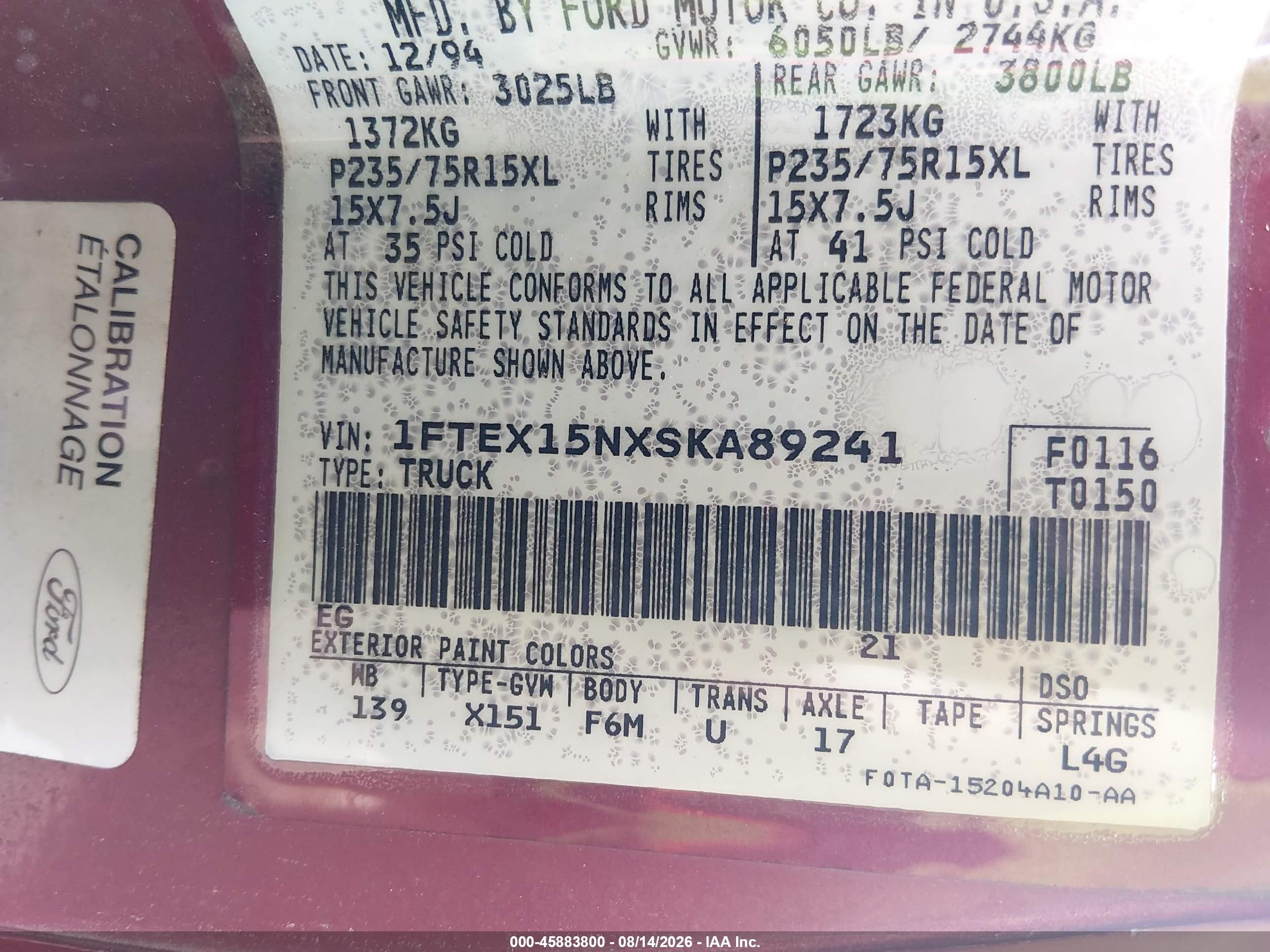 1995 Ford F150   Red vin: 1FTEX15NXSKA89241
