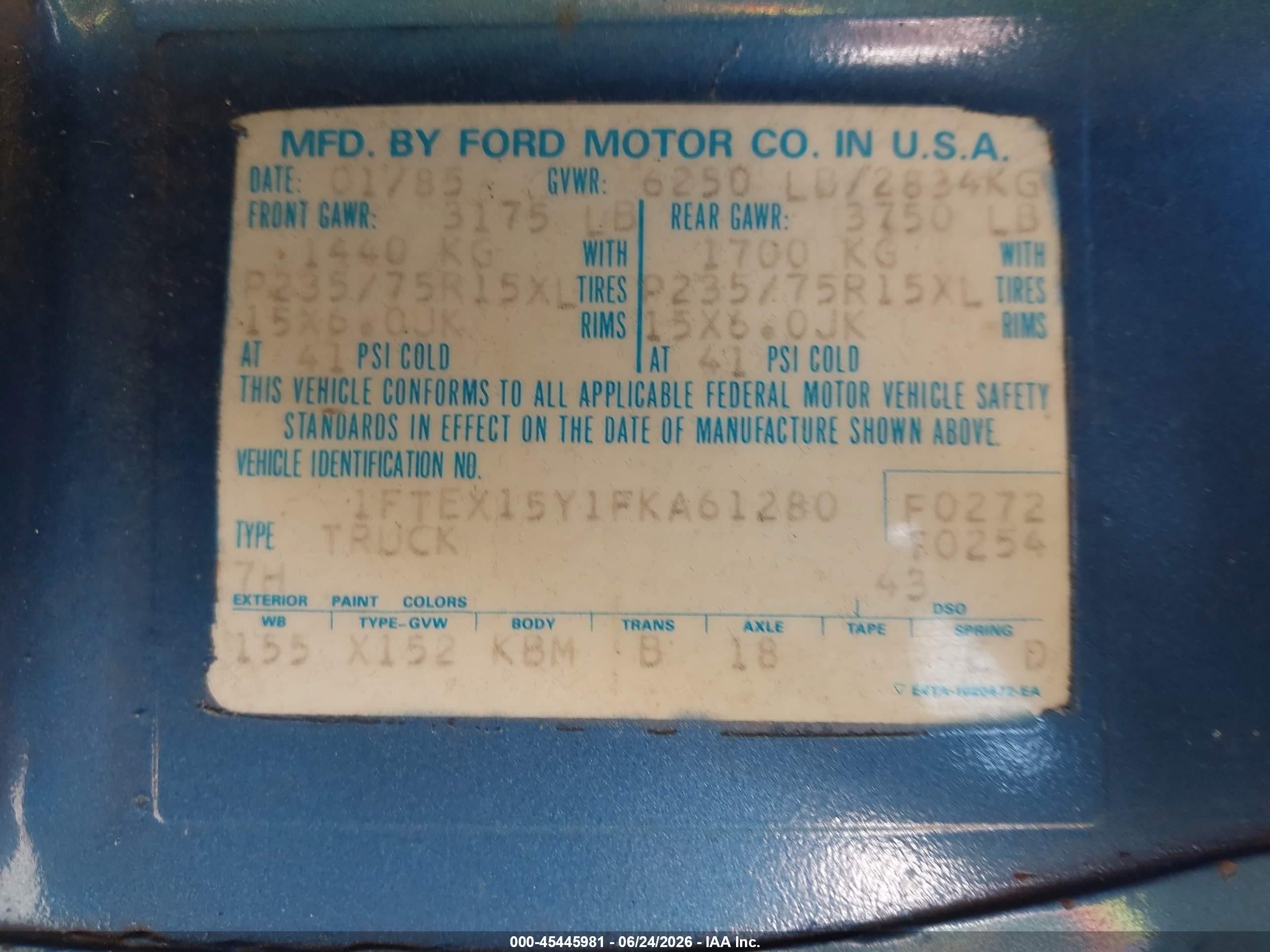 1985 Ford F150   Blue vin: 1FTEX15Y1FKA61280