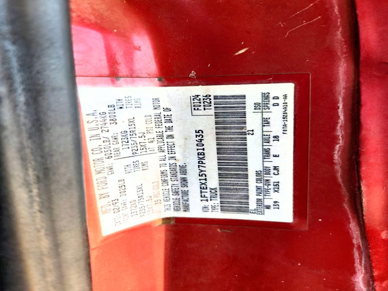 1993 Ford F150 Red vin: 1FTEX15Y7PKB10435