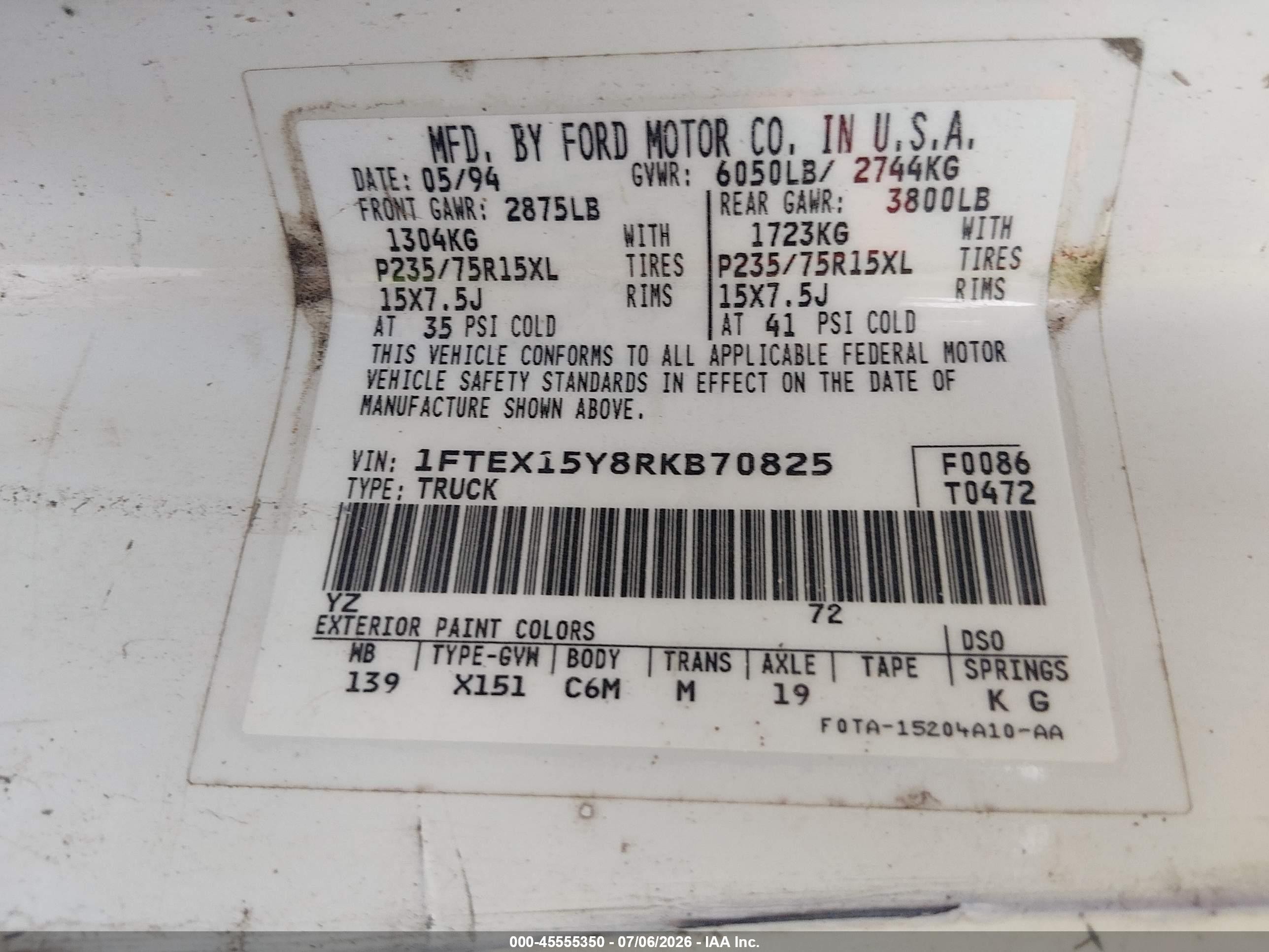 1994 Ford F150   White vin: 1FTEX15Y8RKB70825
