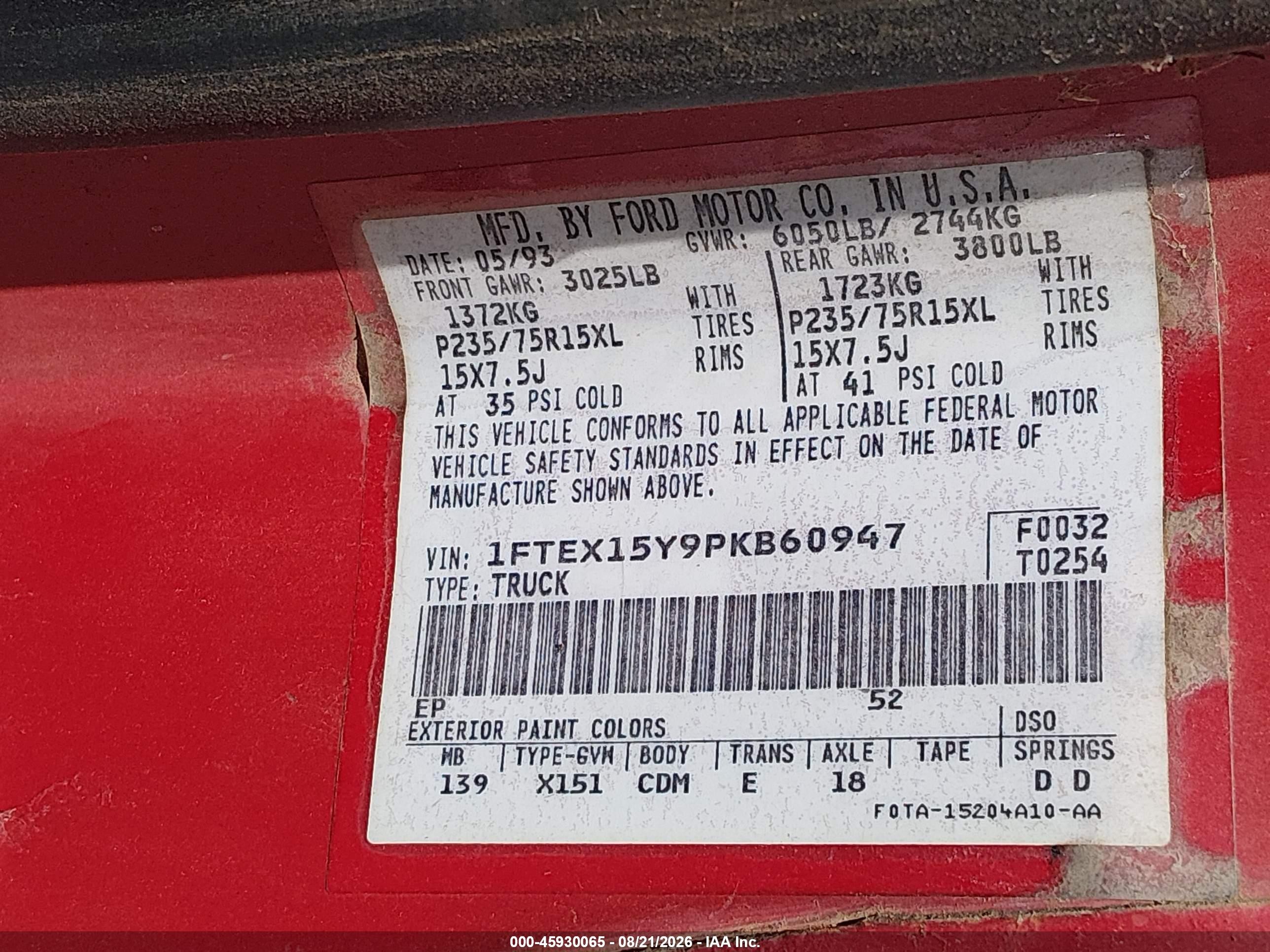 1993 Ford F150   Red vin: 1FTEX15Y9PKB60947