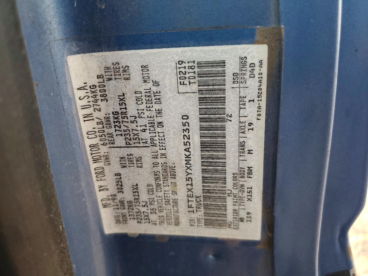 1991 Ford F150 Blue vin: 1FTEX15YXMKA52350
