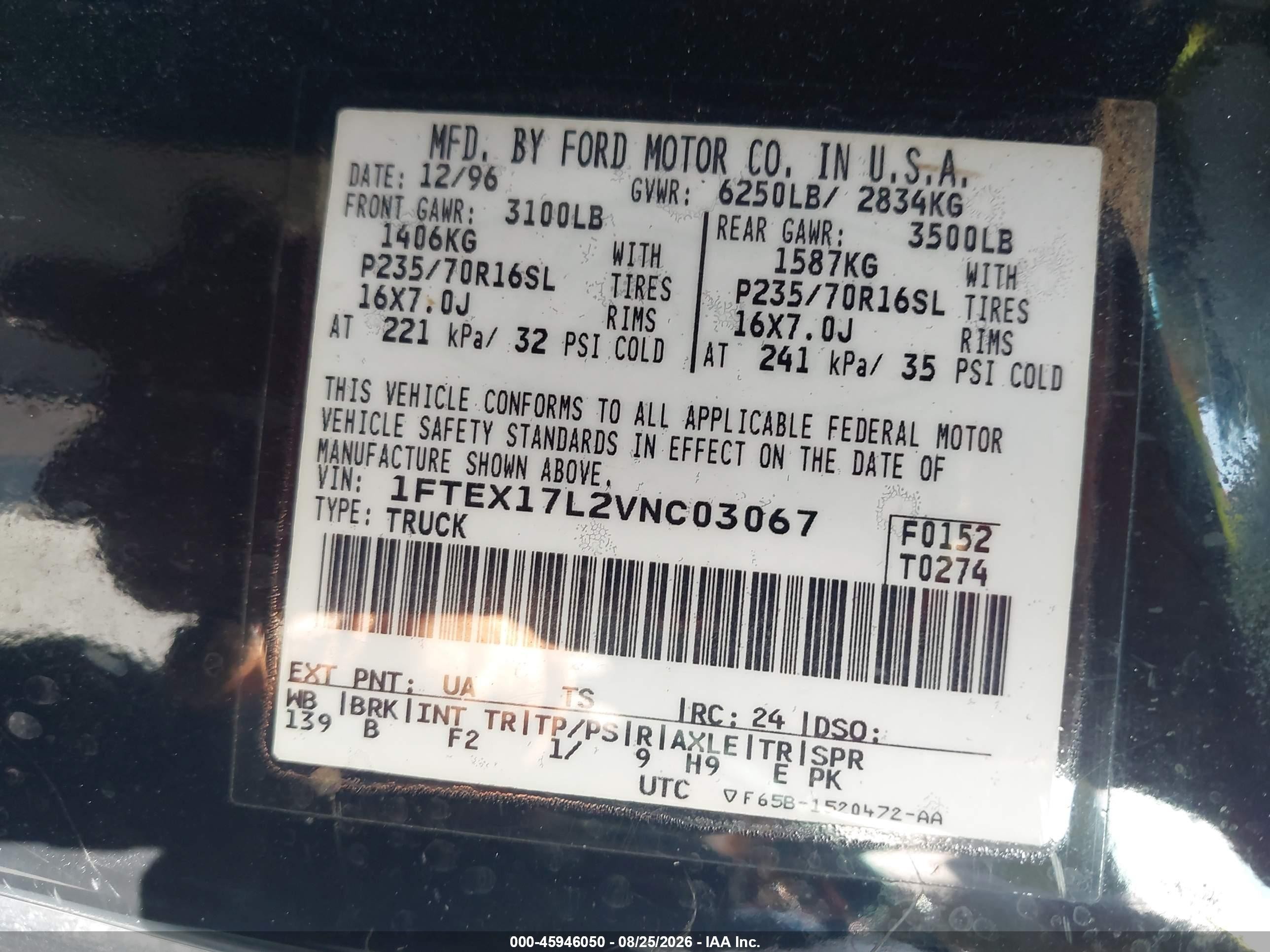 1997 Ford F-150 Lariat/xl/xlt Black vin: 1FTEX17L2VNC03067