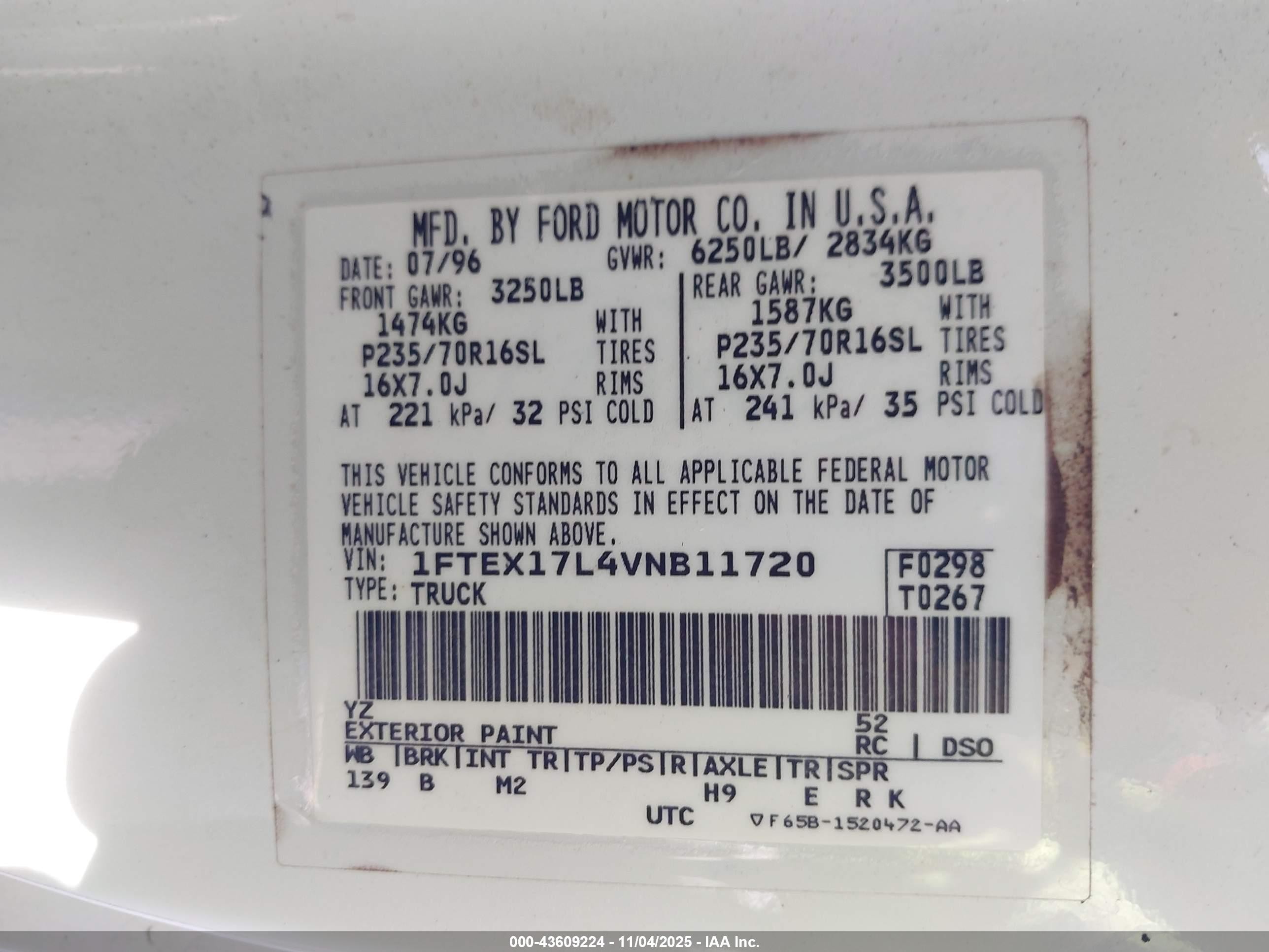 1997 Ford F-150 Lariat/xl/xlt White vin: 1FTEX17L4VNB11720