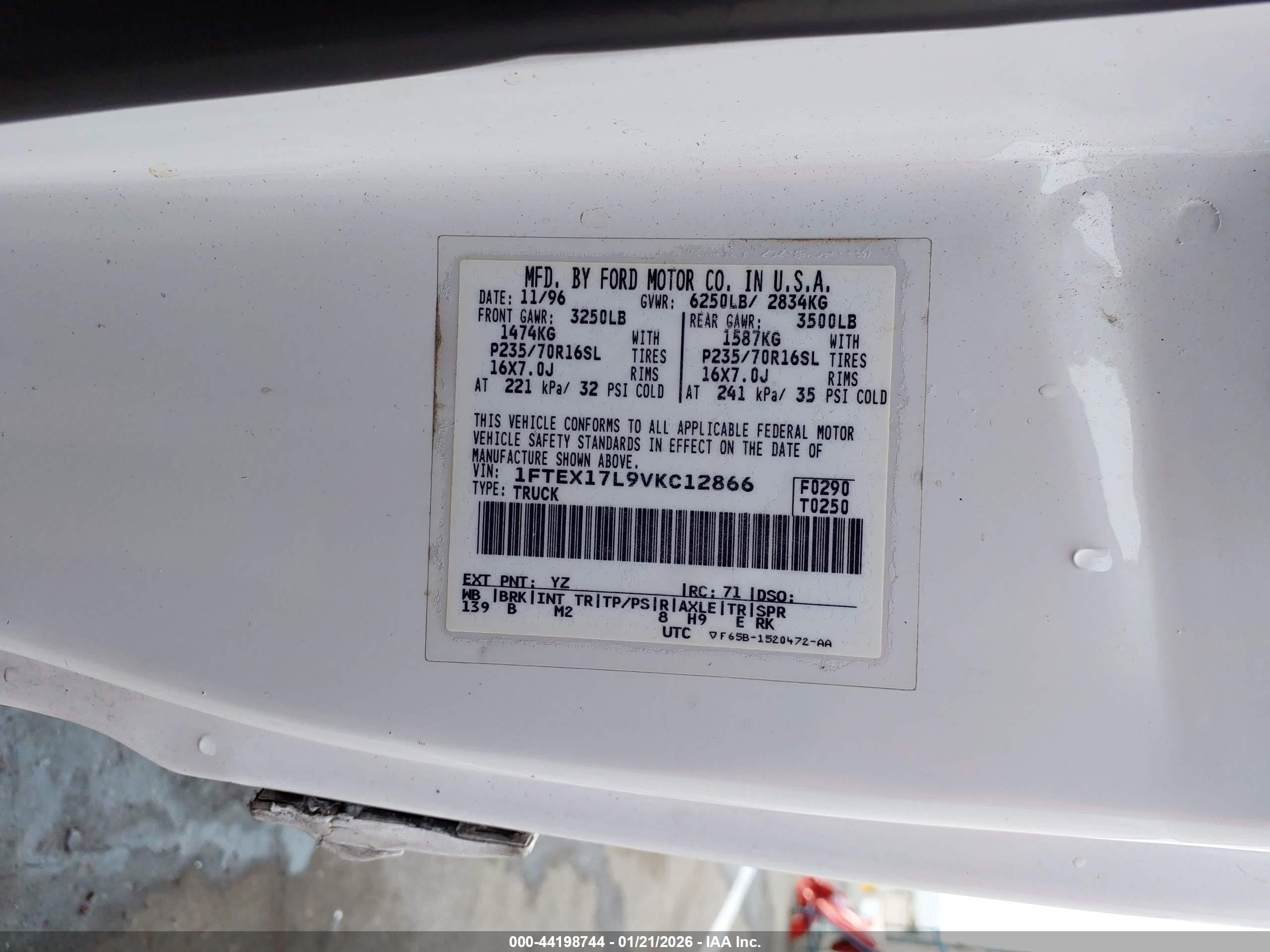 1997 Ford F-150 Lariat/xl/xlt White vin: 1FTEX17L9VKC12866