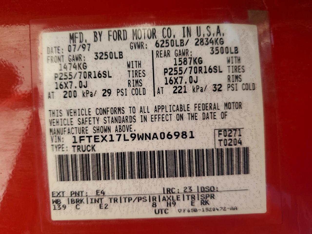 1998 Ford F150 Red vin: 1FTEX17L9WNA06981