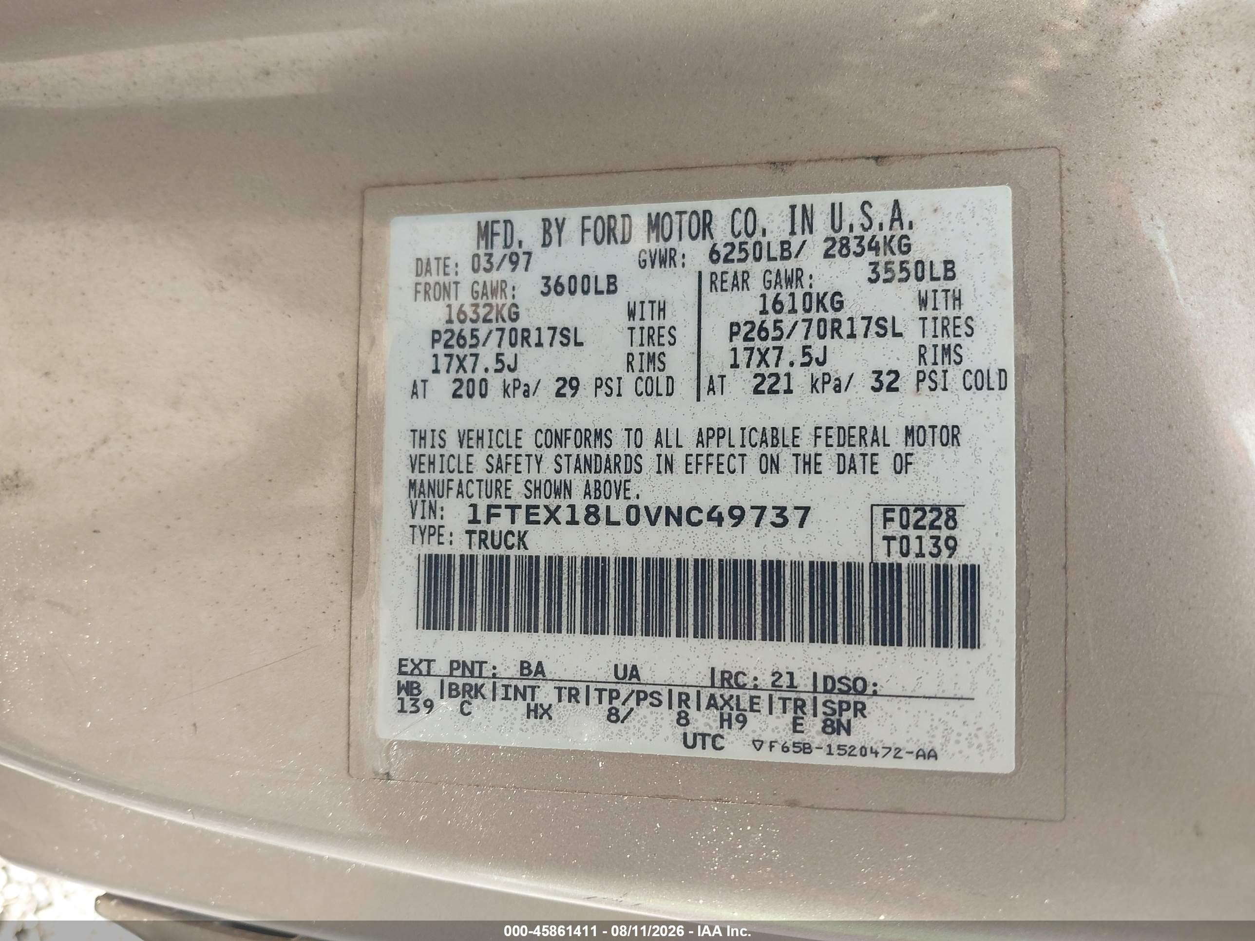 1997 Ford F-150 Lariat/xl/xlt Pewter vin: 1FTEX18L0VNC49737