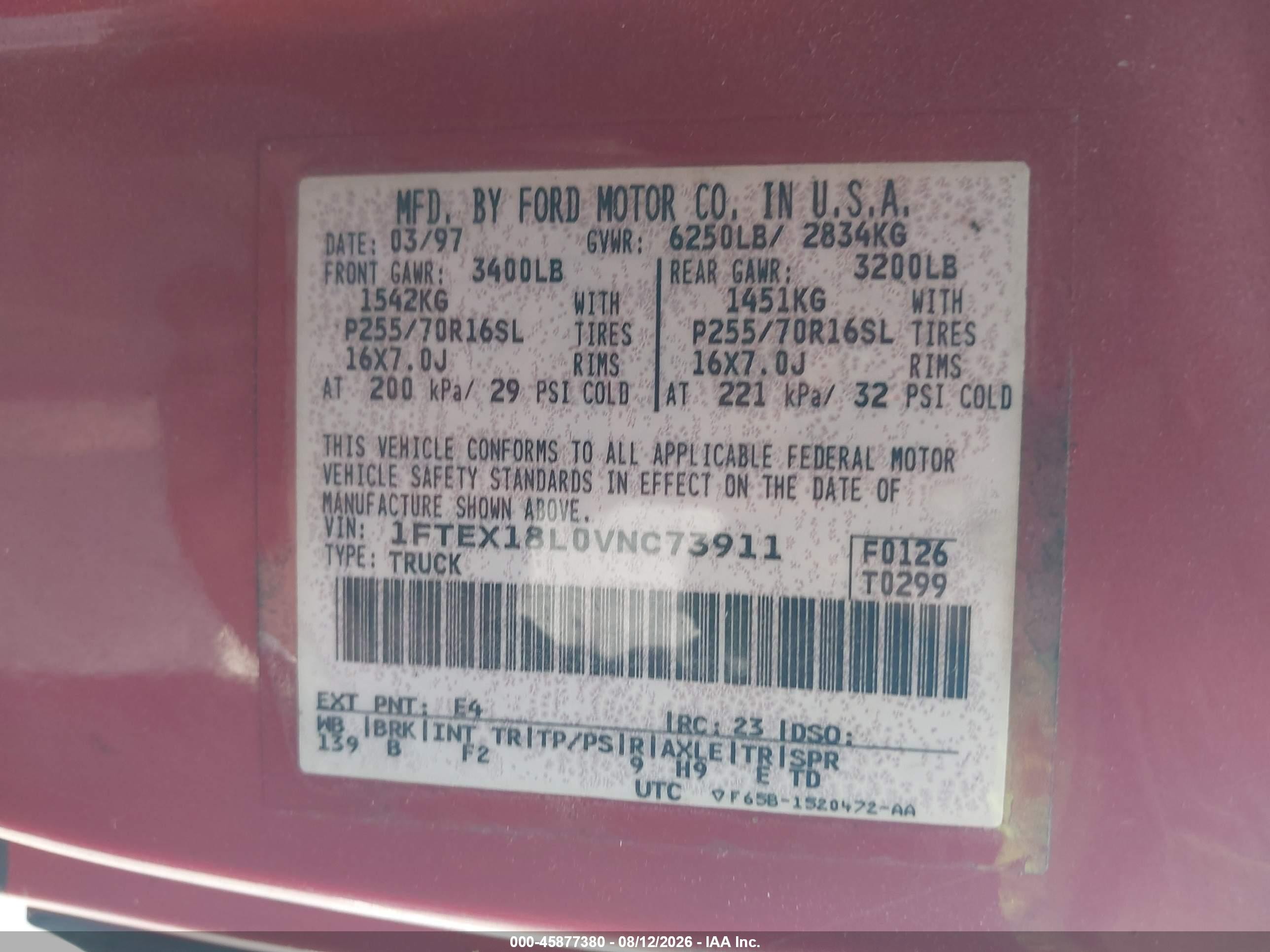 1997 Ford F-150 Lariat/xl/xlt Red vin: 1FTEX18L0VNC73911