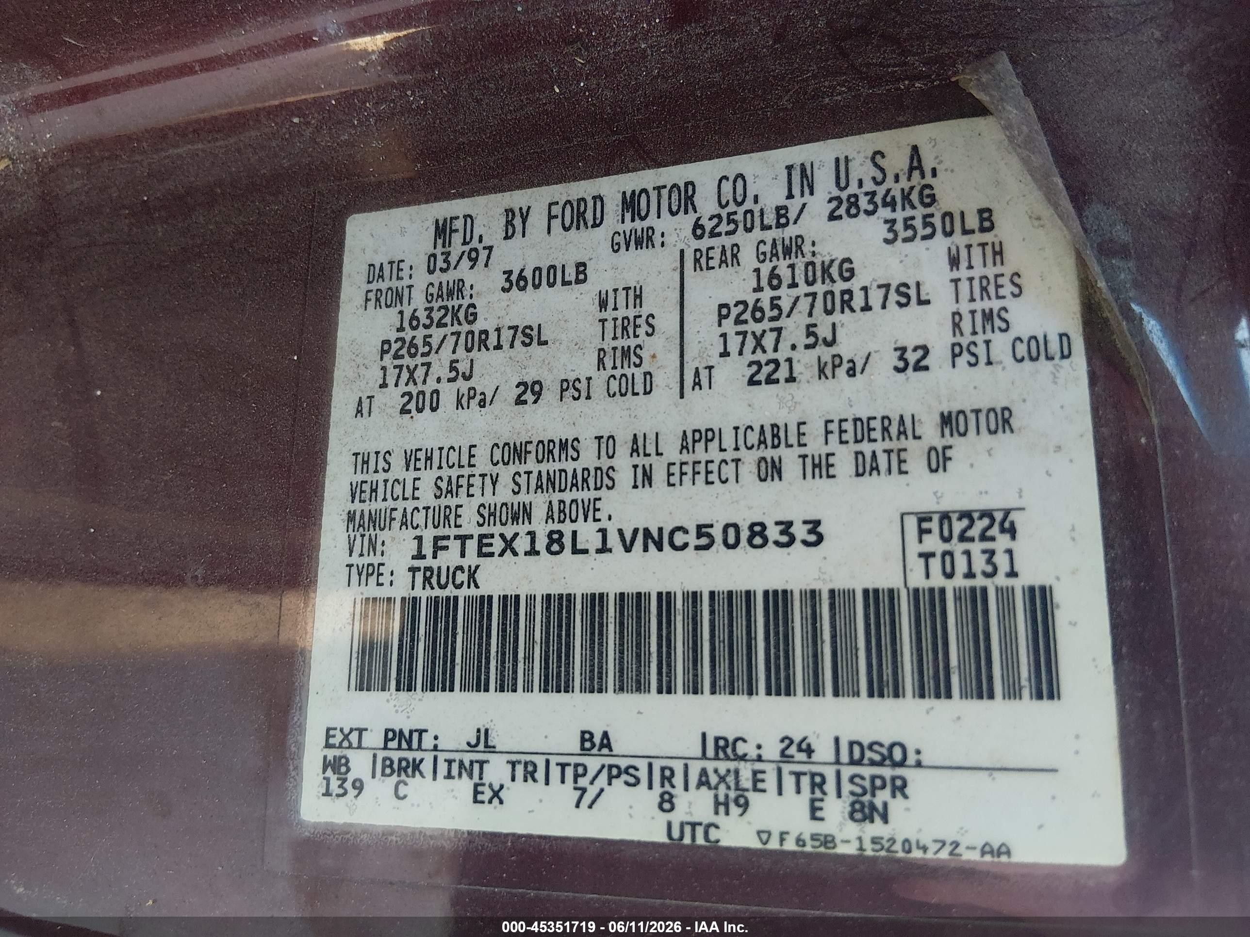 1997 Ford F150   Red vin: 1FTEX18L1VNC50833