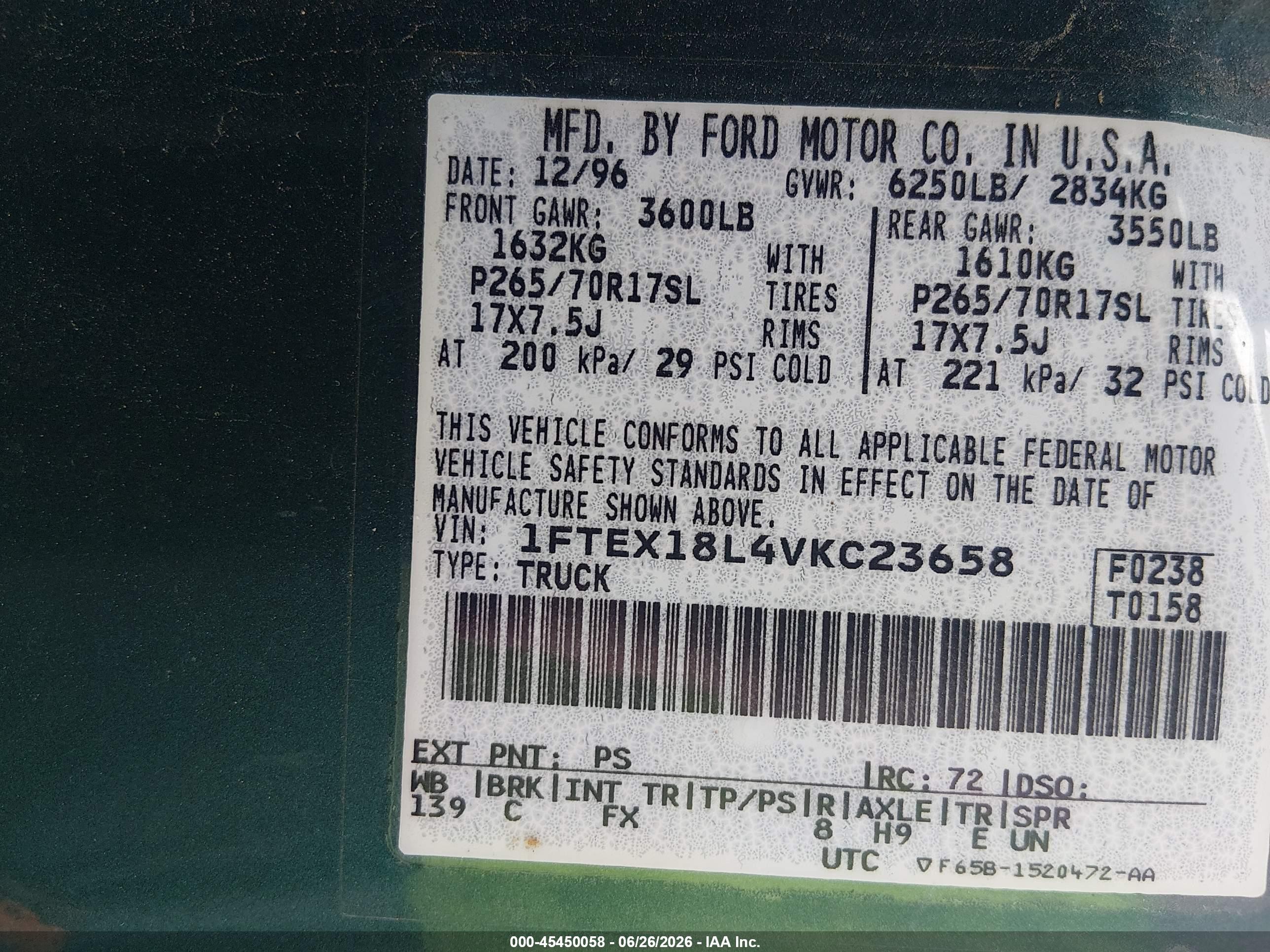 1997 Ford F150   Green vin: 1FTEX18L4VKC23658