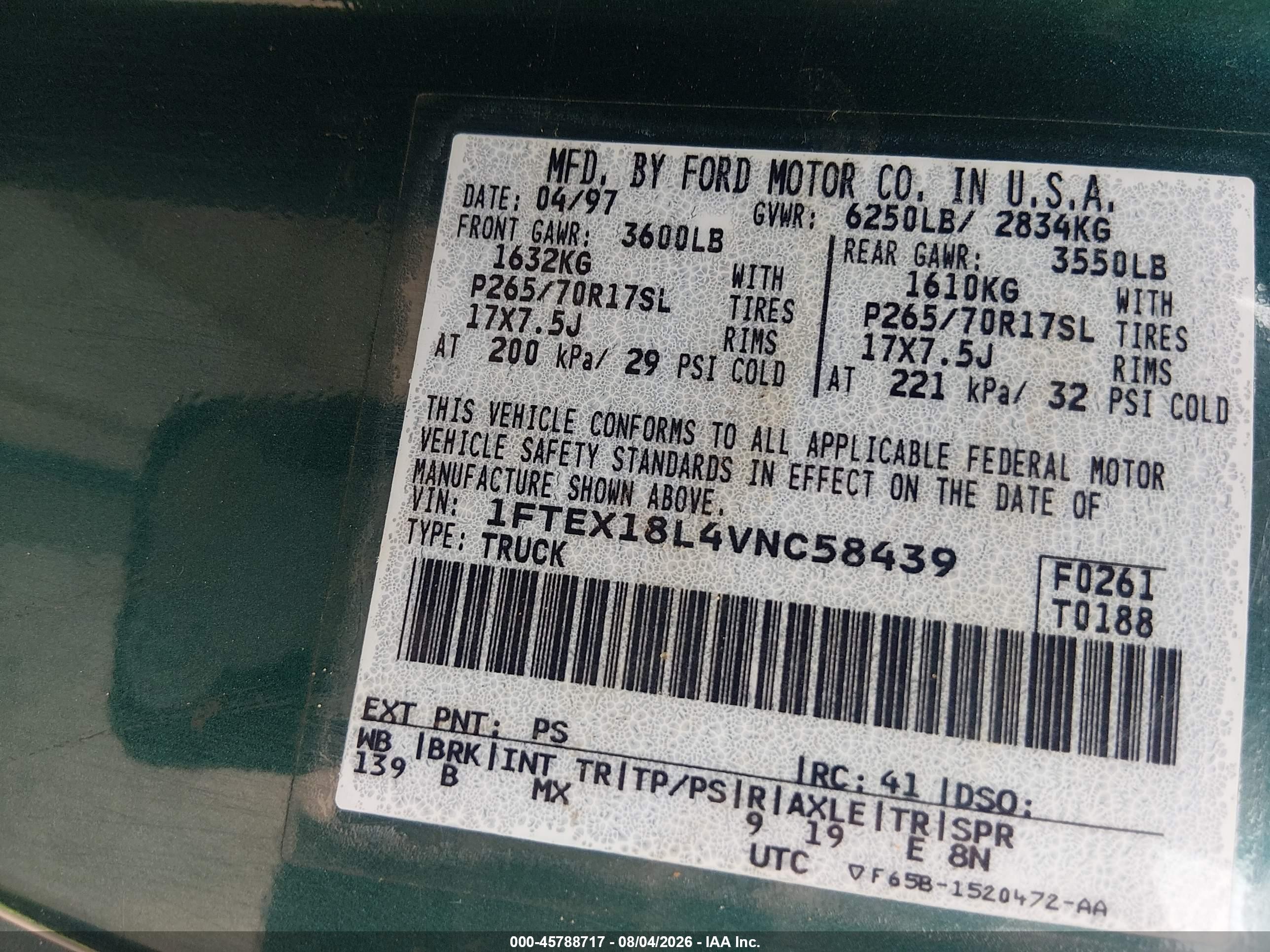 1997 Ford F-150 Lariat/xl/xlt Green vin: 1FTEX18L4VNC58439