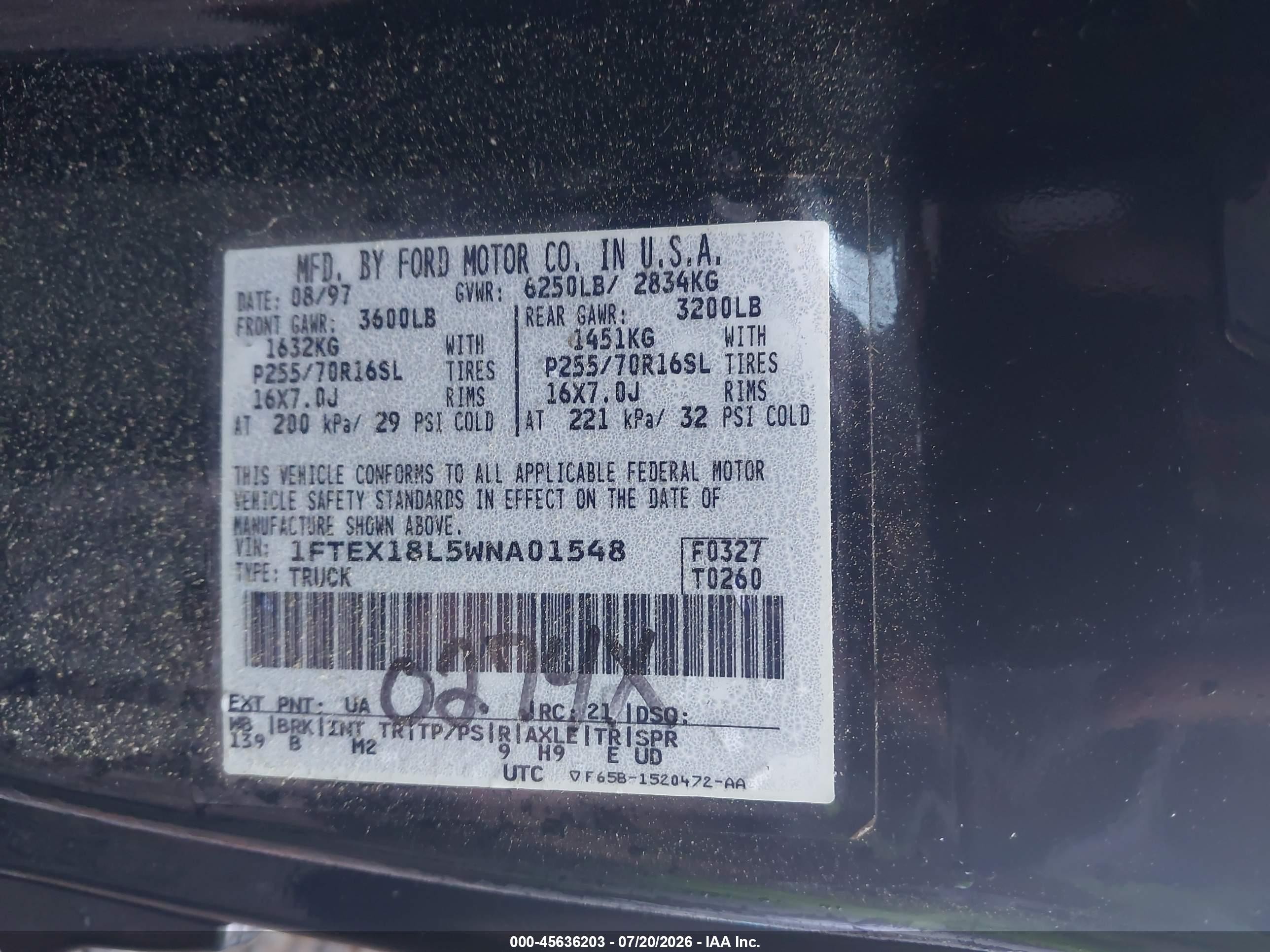 1998 Ford F-150 Lariat/standard/xl/xlt Black vin: 1FTEX18L5WNA01548