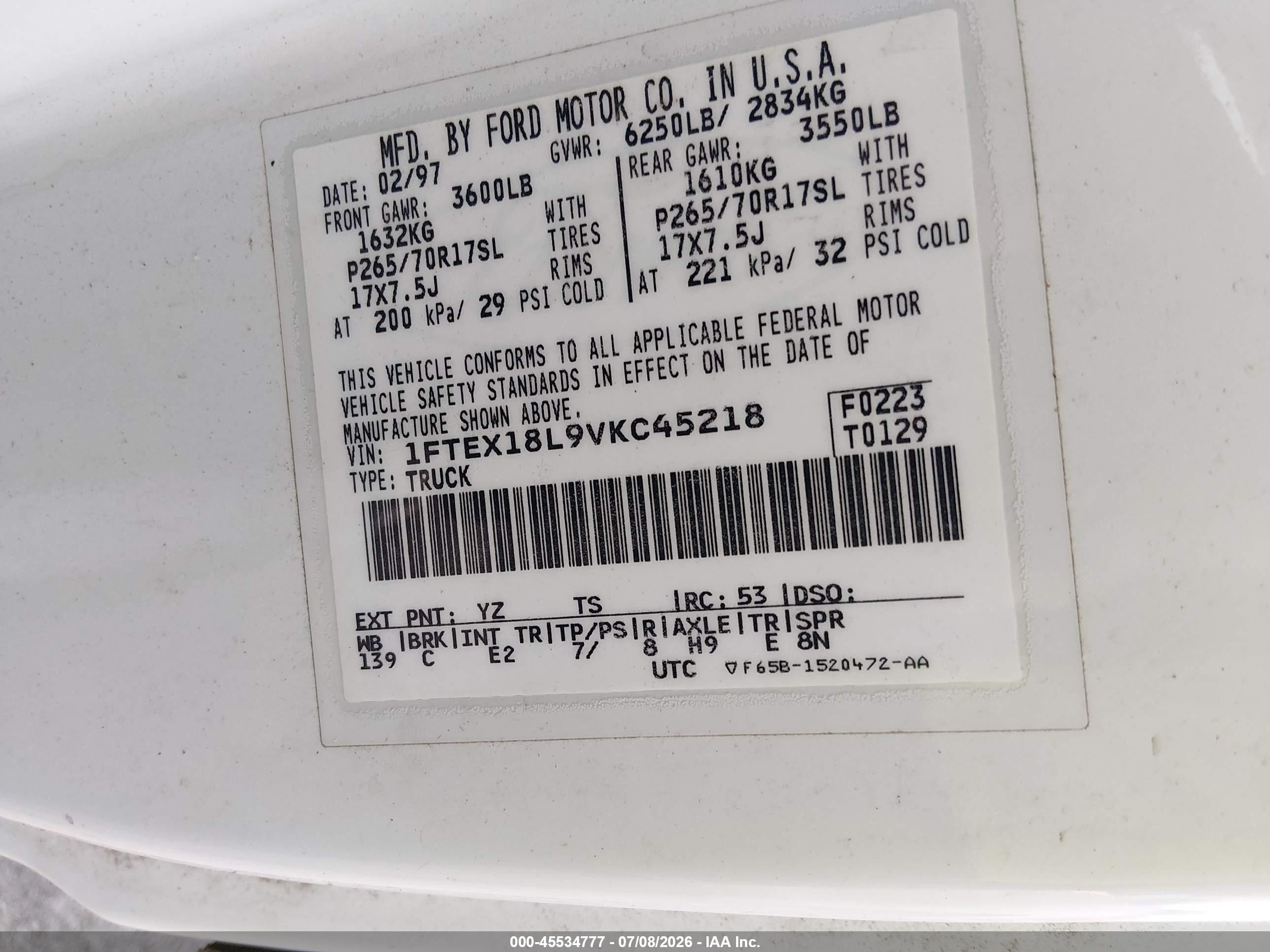 1997 Ford F-150 Lariat/xl/xlt White vin: 1FTEX18L9VKC45218