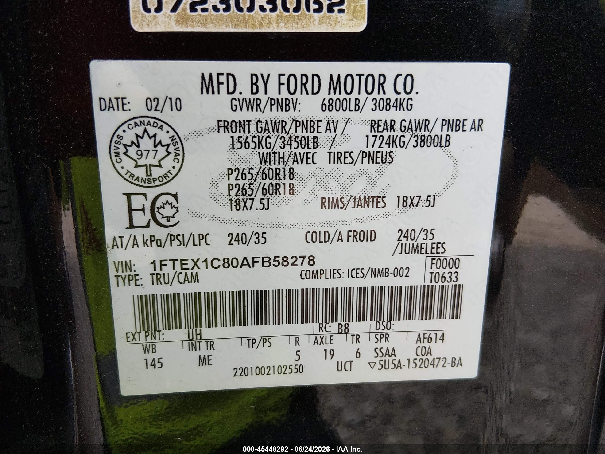 2010 Ford F-150 Fx2 Sport/stx/xl/xlt Black vin: 1FTEX1C80AFB58278