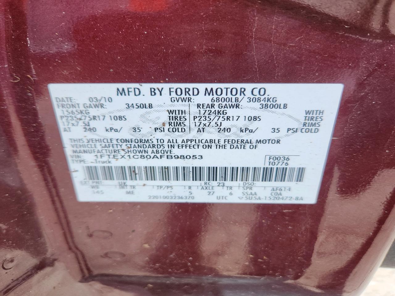 2010 Ford F150 Super Cab Maroon vin: 1FTEX1C80AFB98053