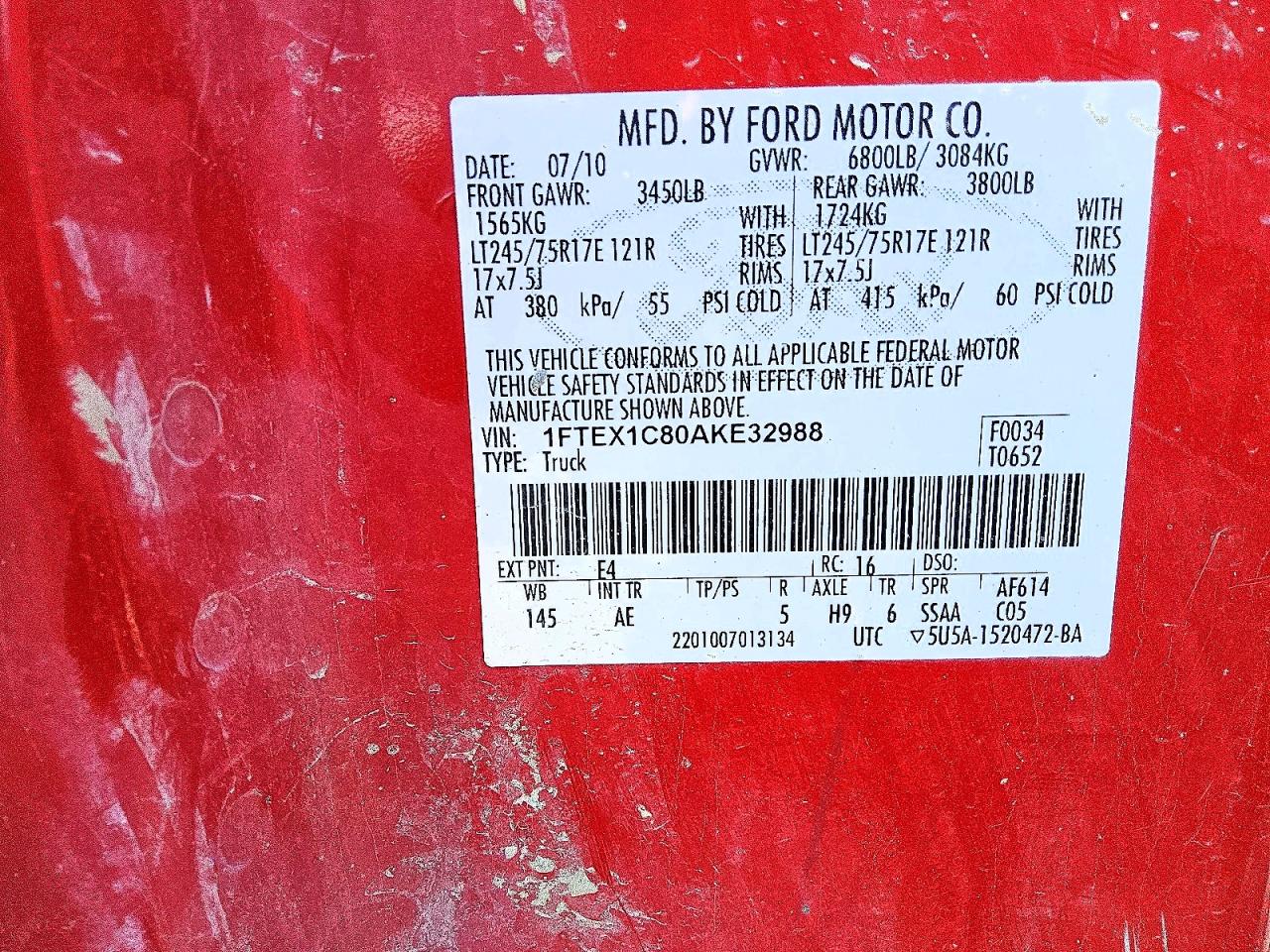 2010 Ford F150 Super Cab Red vin: 1FTEX1C80AKE32988