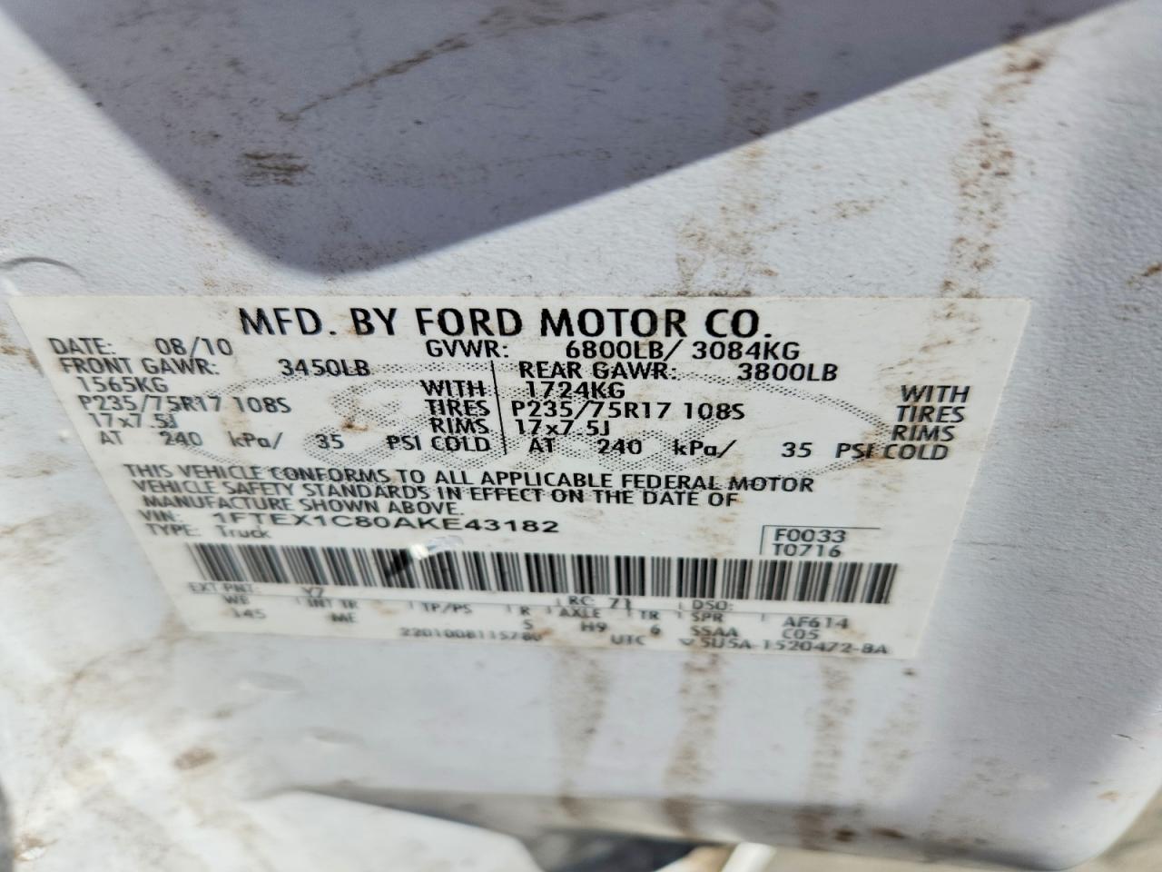 2010 Ford F150 Super Cab White vin: 1FTEX1C80AKE43182