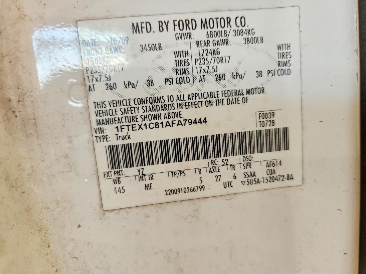 2010 Ford F150 Super Cab White vin: 1FTEX1C81AFA79444