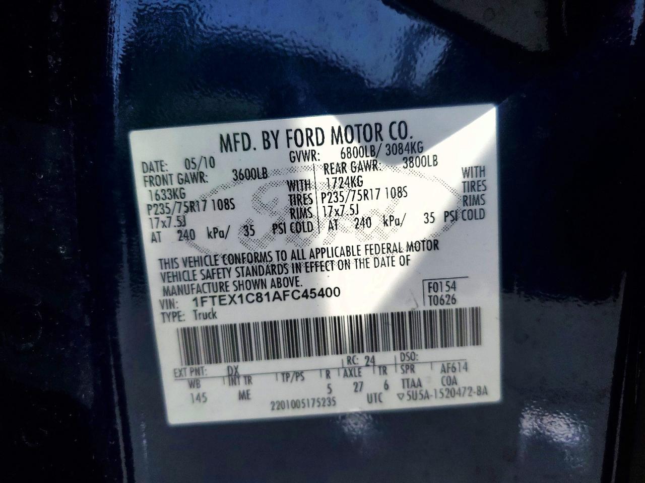 2010 Ford F150 Super Cab Blue vin: 1FTEX1C81AFC45400