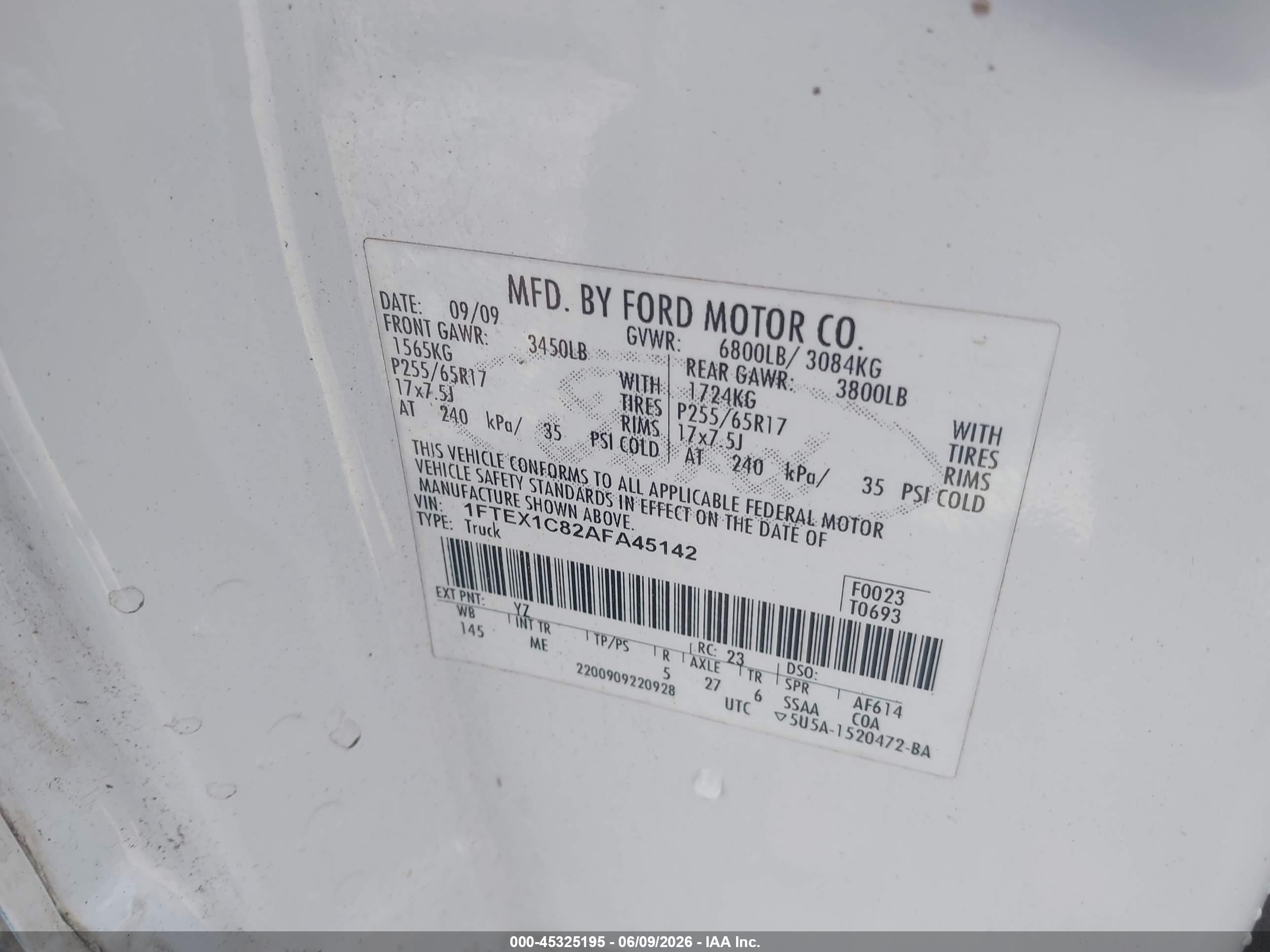 2010 Ford F-150 Fx2 Sport/stx/xl/xlt White vin: 1FTEX1C82AFA45142