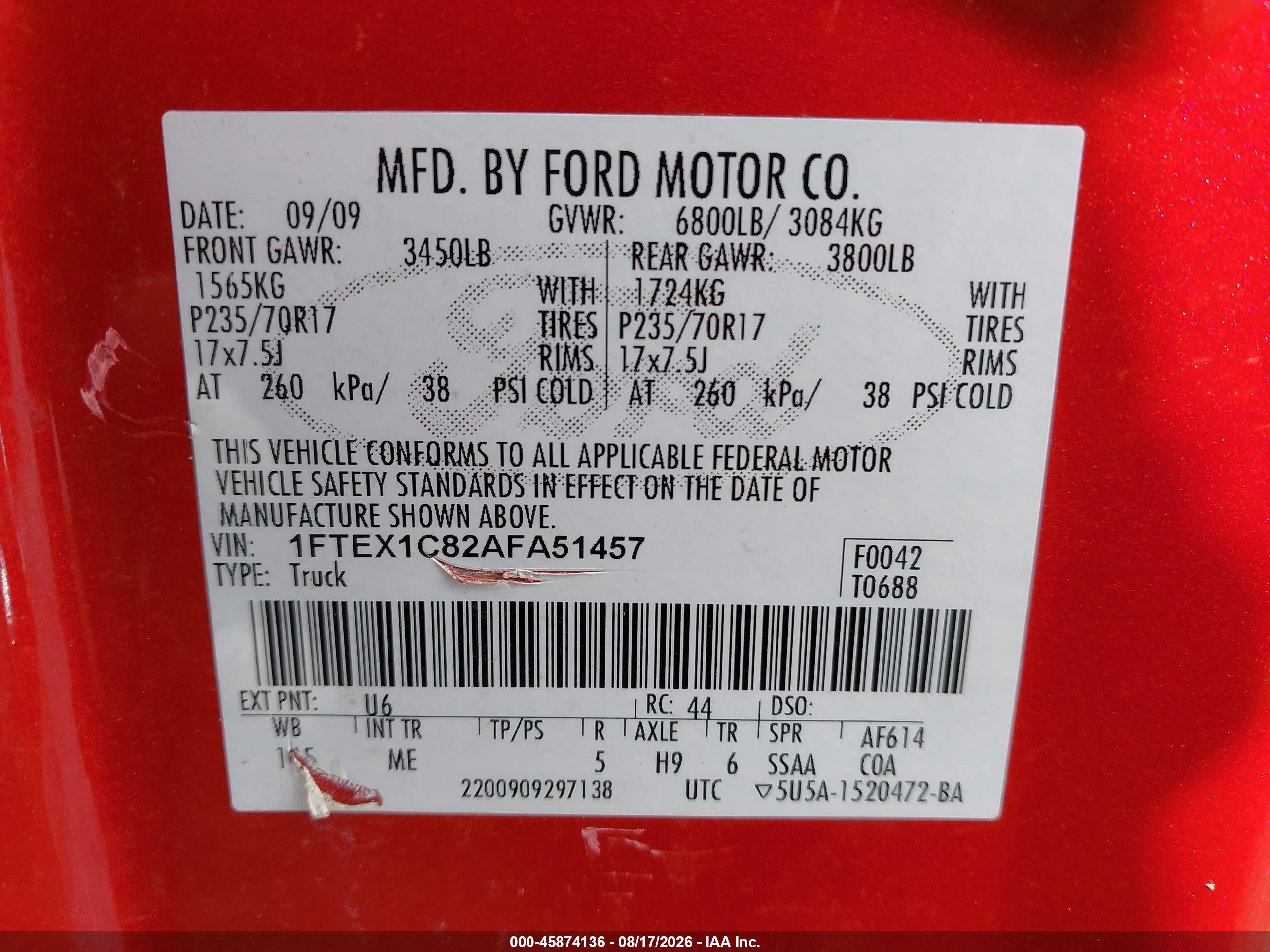 2010 Ford F-150 Fx2 Sport/stx/xl/xlt Red vin: 1FTEX1C82AFA51457