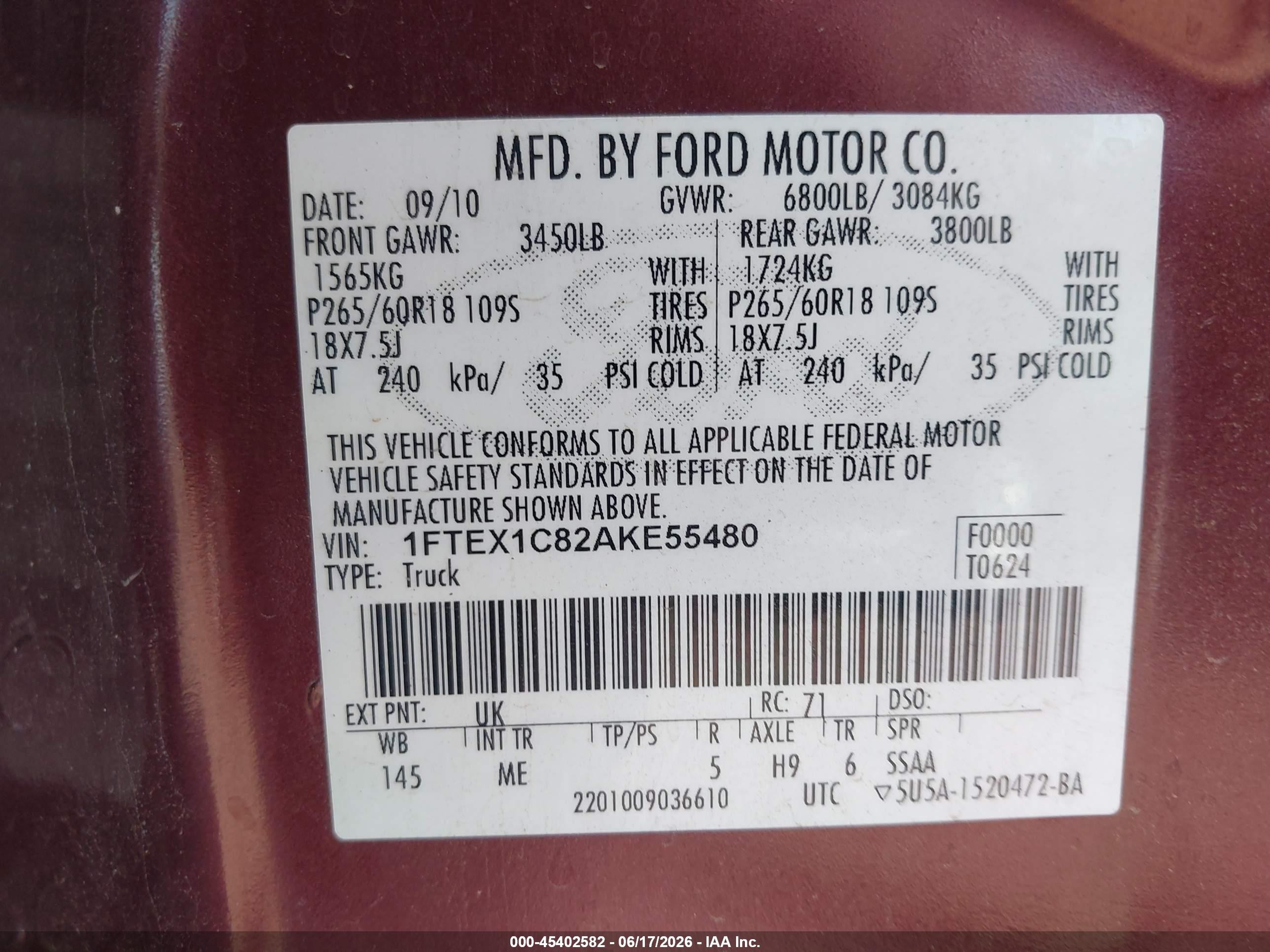 2010 Ford F-150 Xlt Maroon vin: 1FTEX1C82AKE55480