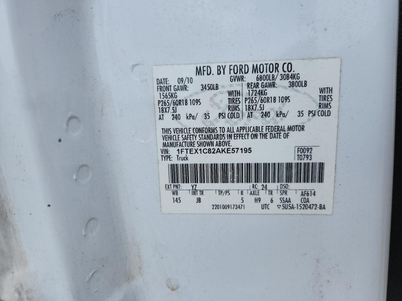 2010 Ford F150 Super Cab White vin: 1FTEX1C82AKE57195