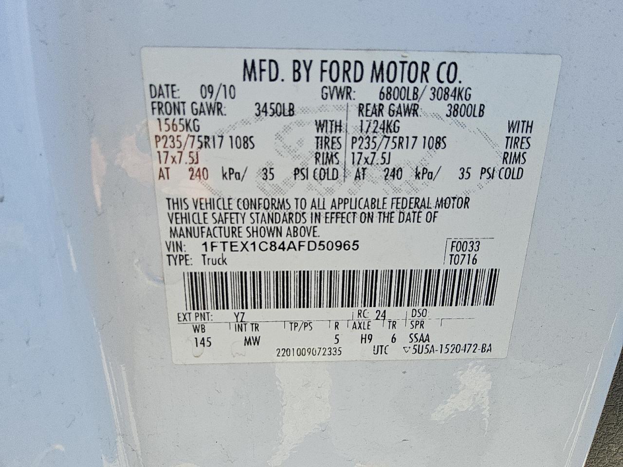 2010 Ford F150 Super Cab White vin: 1FTEX1C84AFD50965
