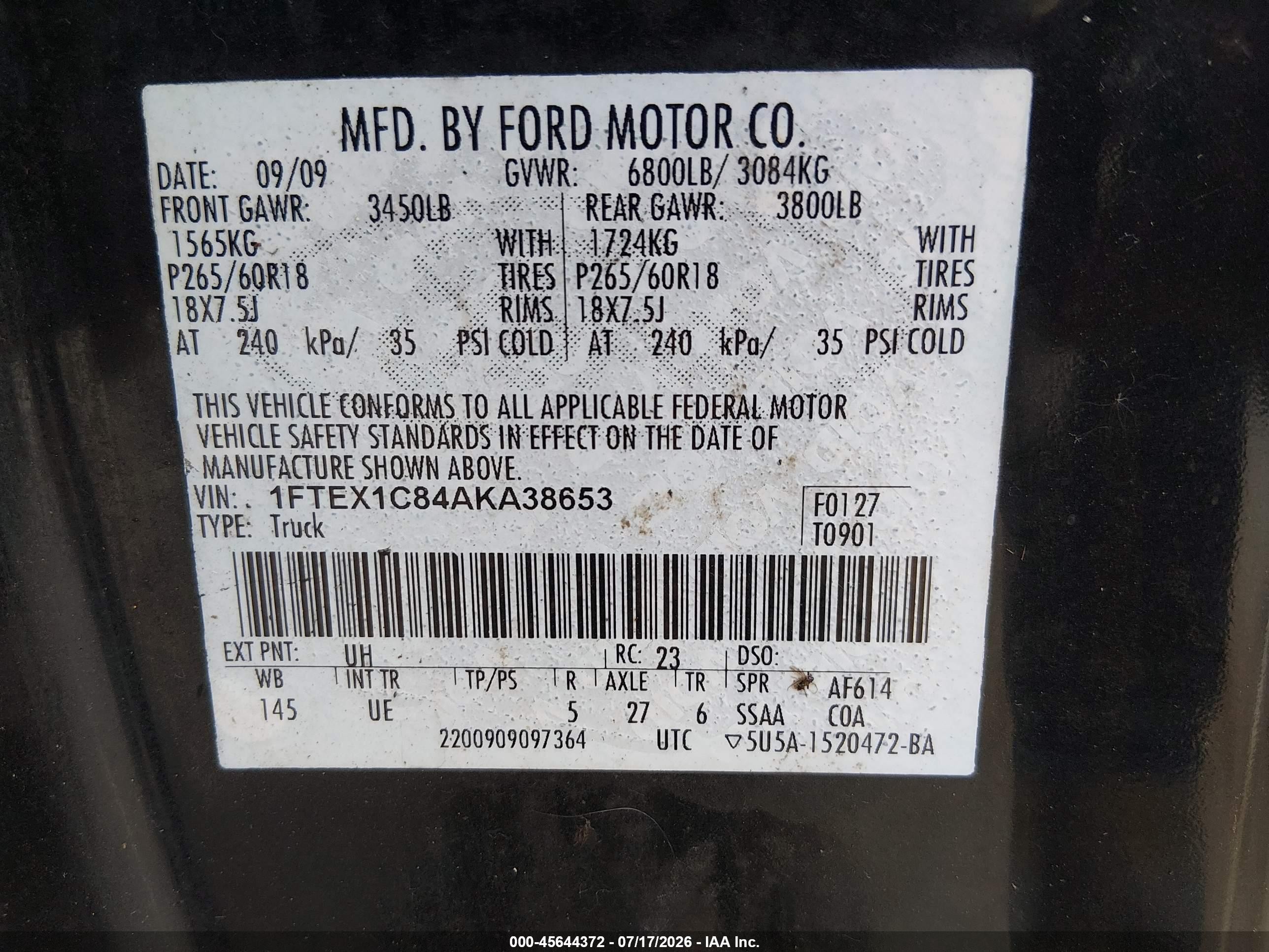 2010 Ford F-150 Fx2 Sport/stx/xl/xlt Black vin: 1FTEX1C84AKA38653