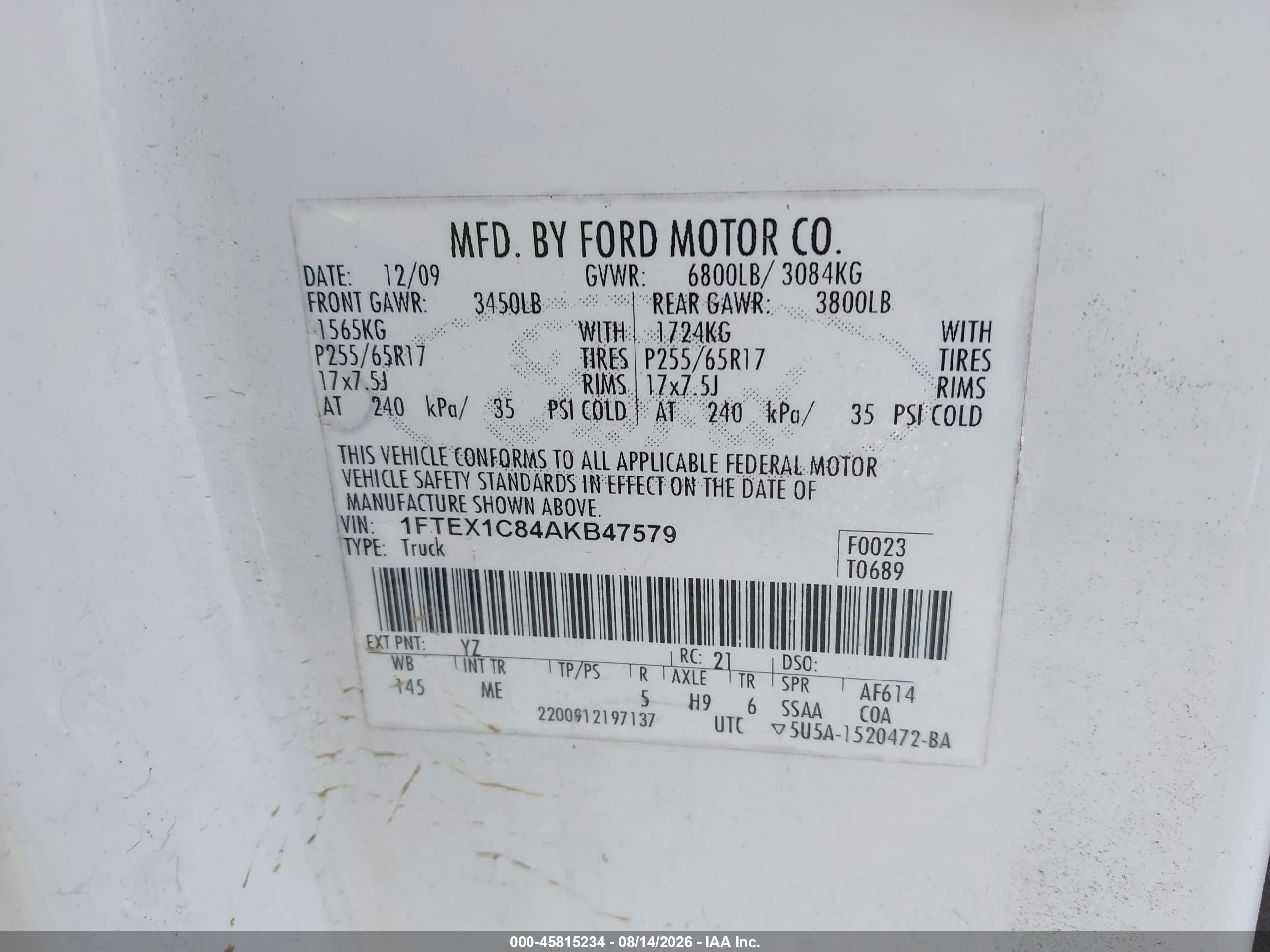 2010 Ford F-150 Fx2 Sport/stx/xl/xlt White vin: 1FTEX1C84AKB47579