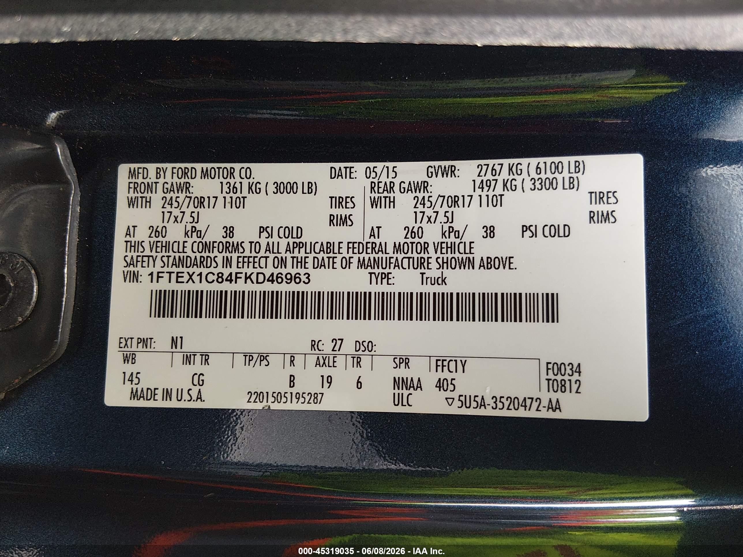 2015 Ford F-150 Xl Blue vin: 1FTEX1C84FKD46963