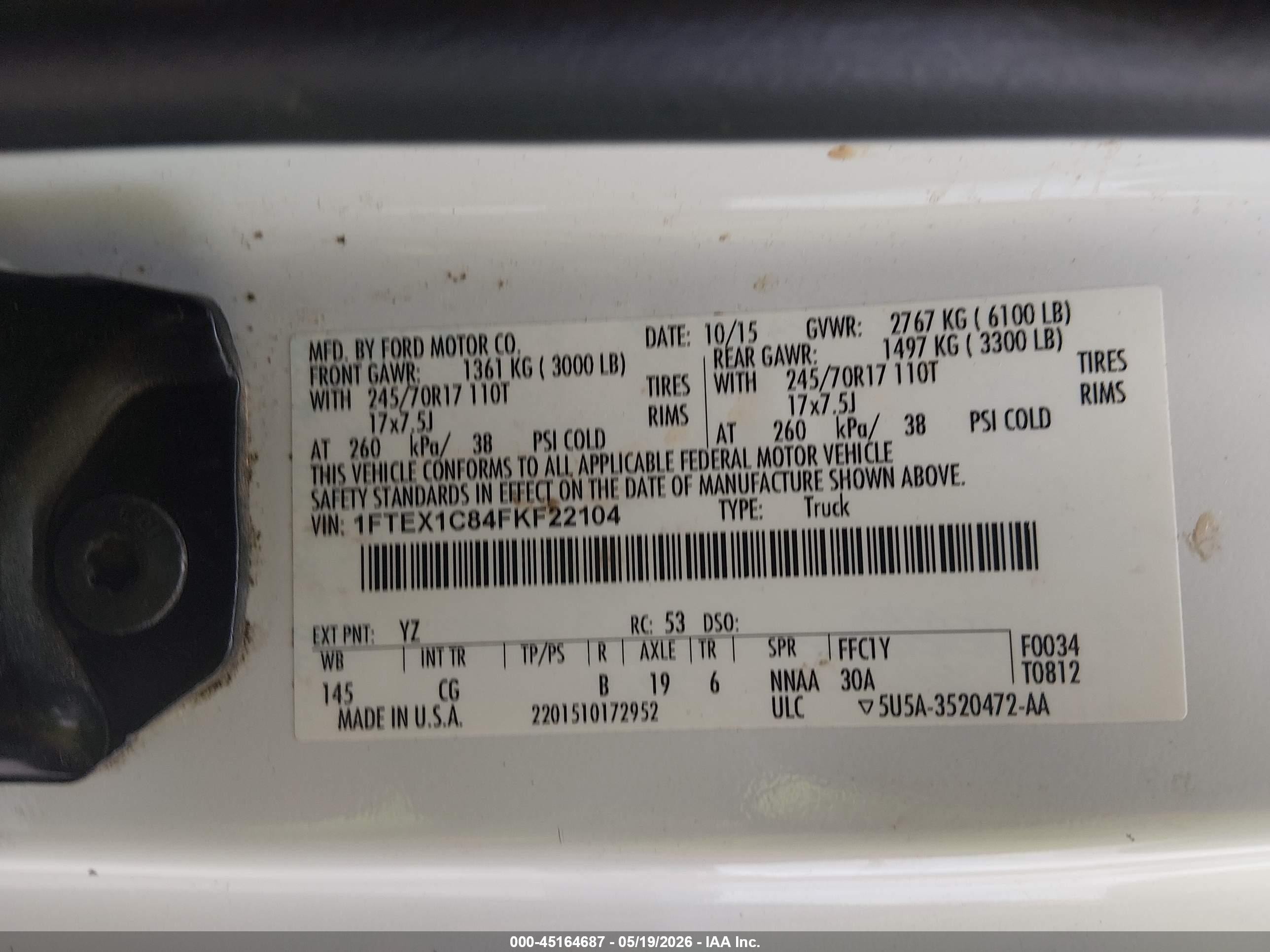 2015 Ford F-150 Xl White vin: 1FTEX1C84FKF22104