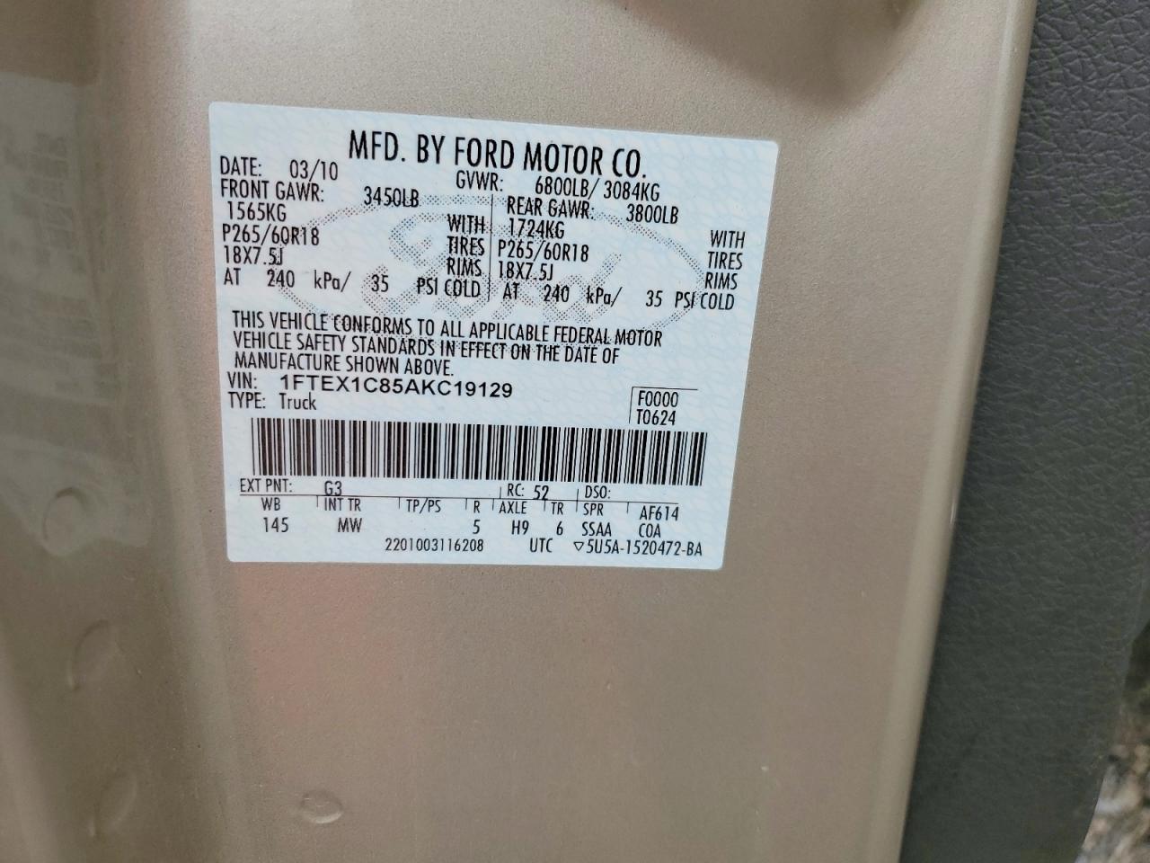 2010 Ford F150 Super Cab Gold vin: 1FTEX1C85AKC19129