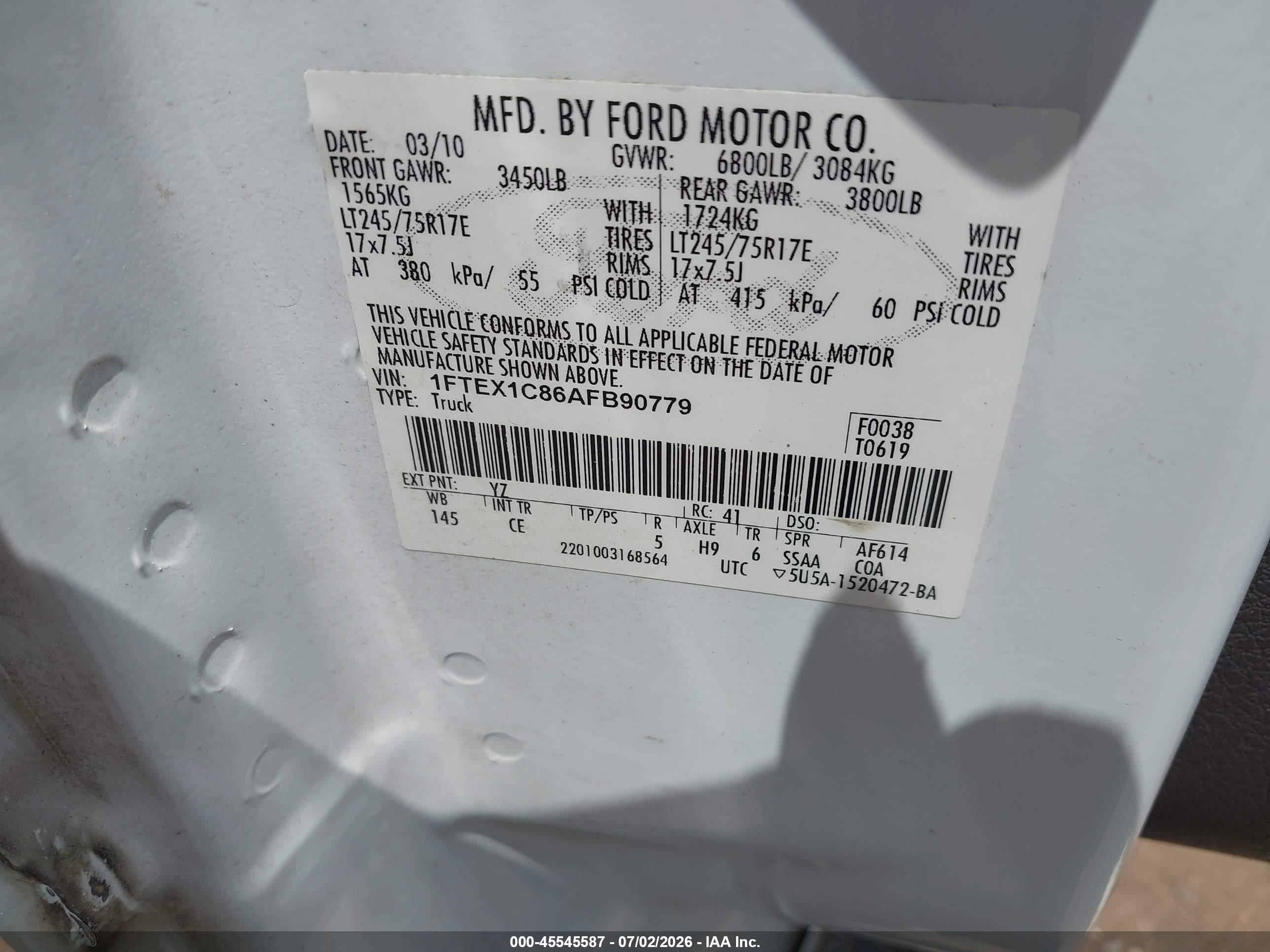2010 Ford F-150 Fx2 Sport/stx/xl/xlt White vin: 1FTEX1C86AFB90779