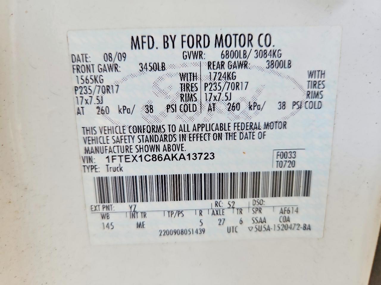 2010 Ford F150 Super Cab White vin: 1FTEX1C86AKA13723